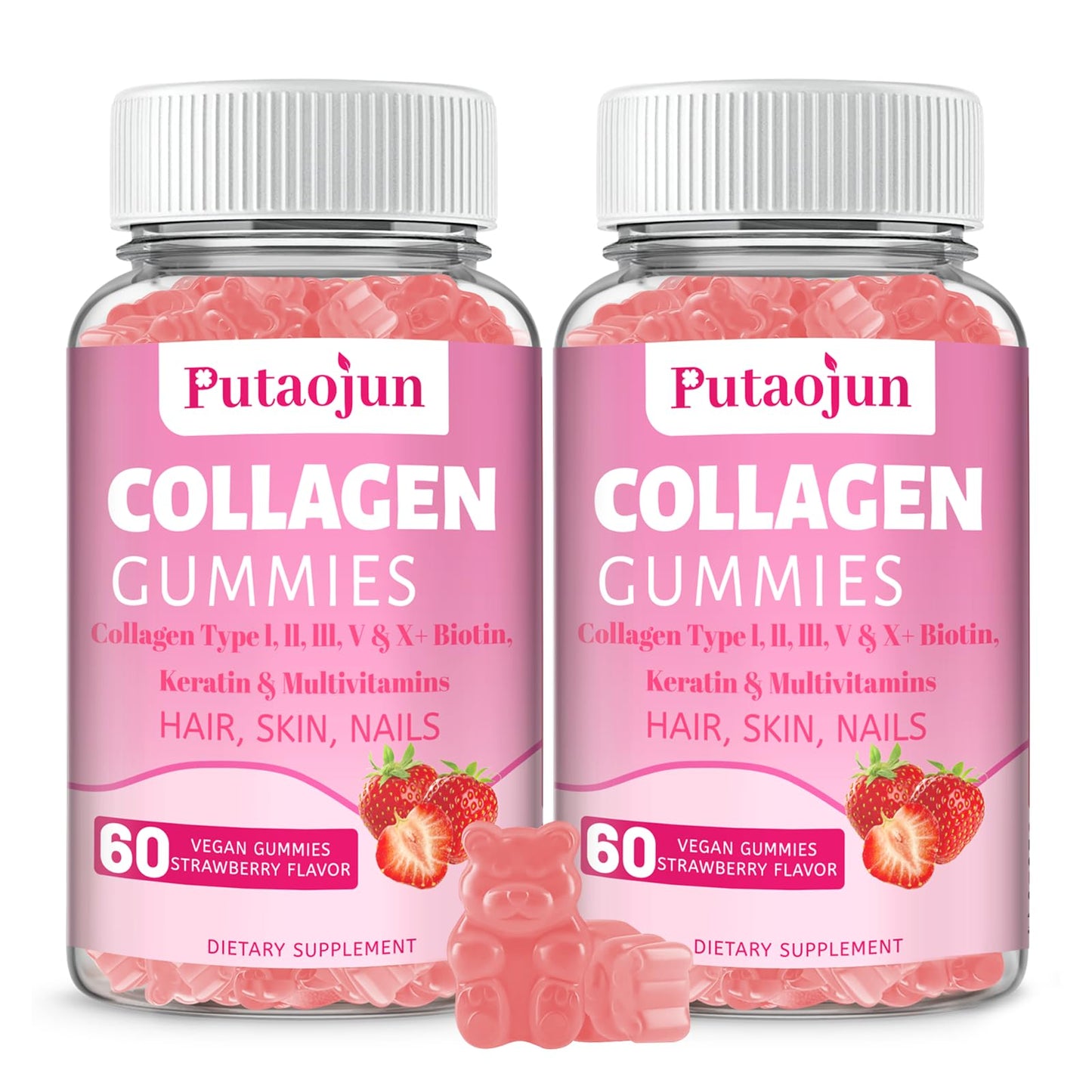 Putaojun Collagen Gummies with Biotin, Vitamin C, E, & Zinc, Hair, Skin & Nails, 120 Count
