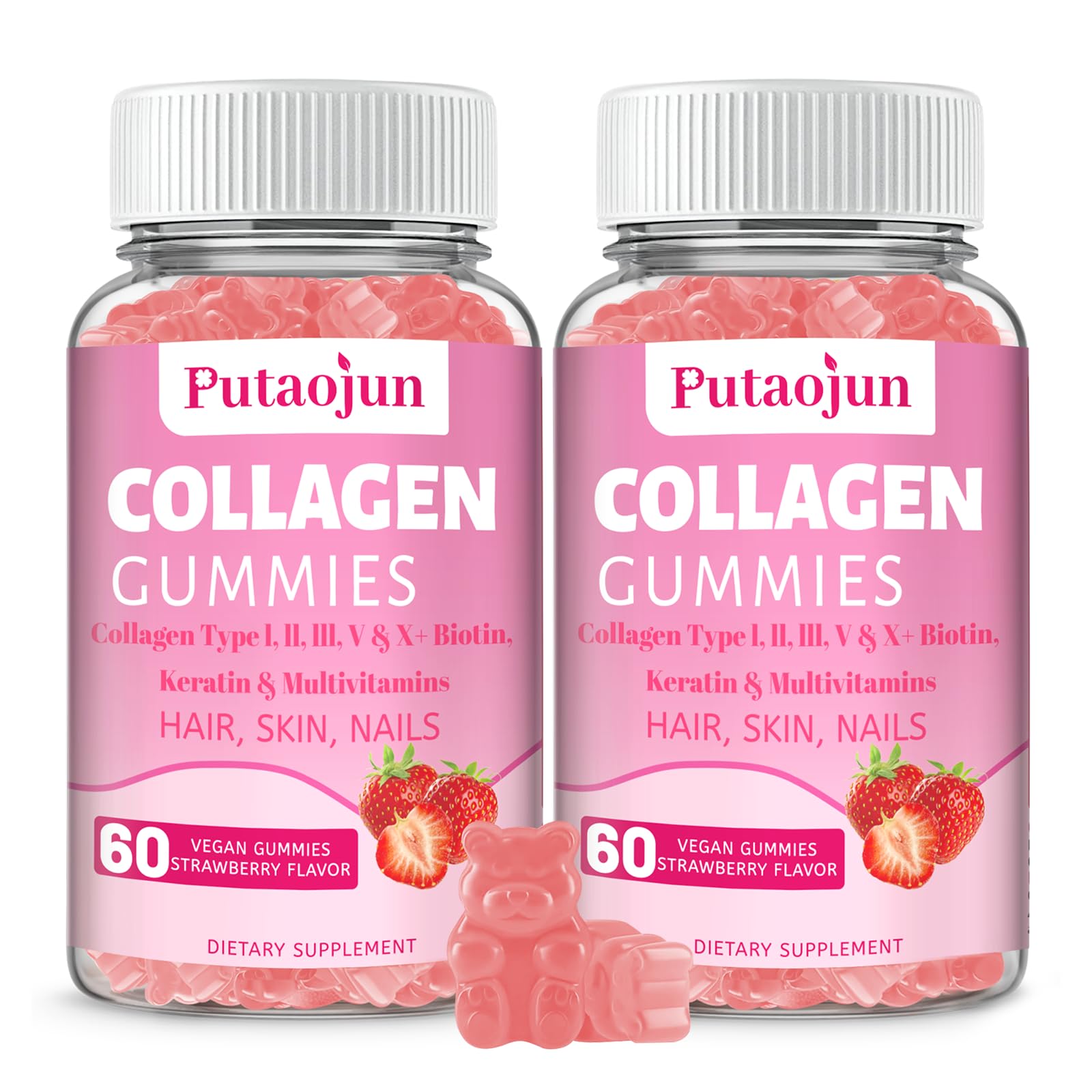 Putaojun Collagen Gummies with Biotin, Vitamin C, E, & Zinc, Hair, Skin & Nails, 120 Count