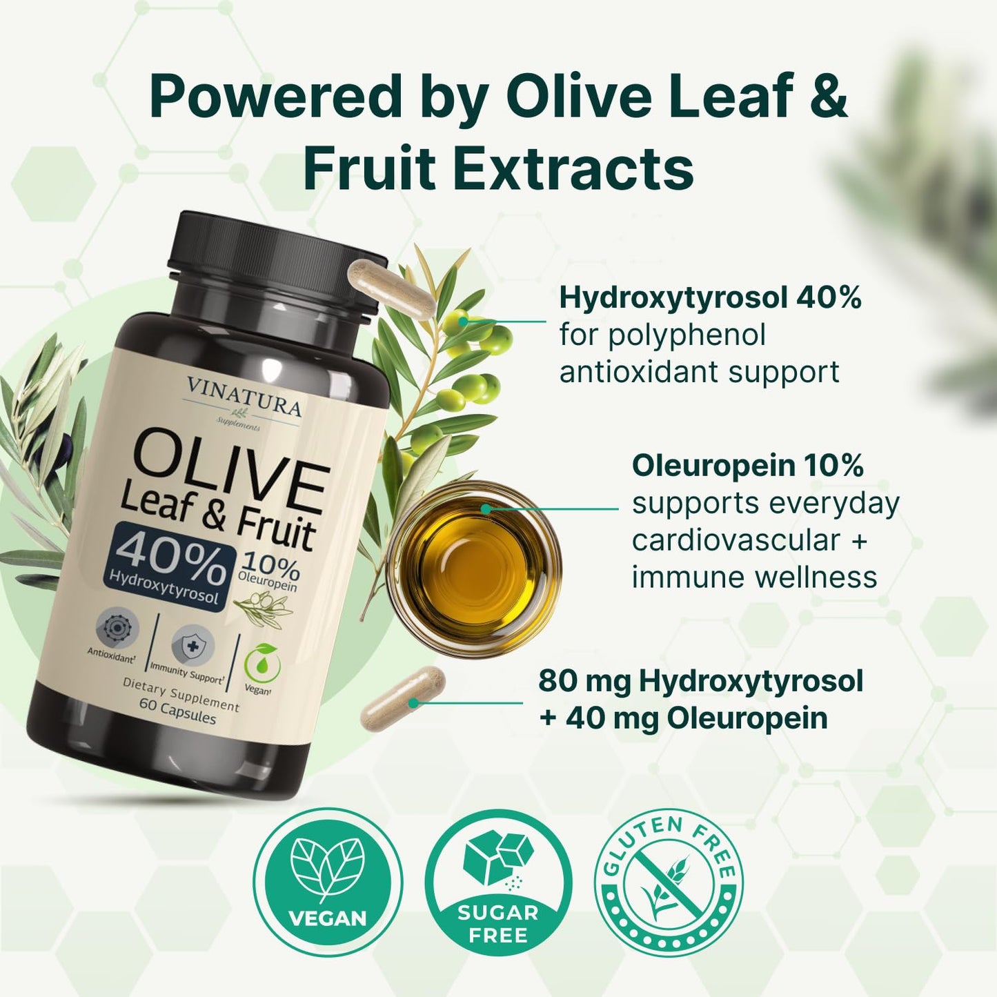 VINATURA Hydroxytyrosol Supplement, Olive Leaf Extract - 40% Hydroxytyrosol Olive Fruit Extract, 10% Oleuropein Olive Leaf Extract - 60 Capsules