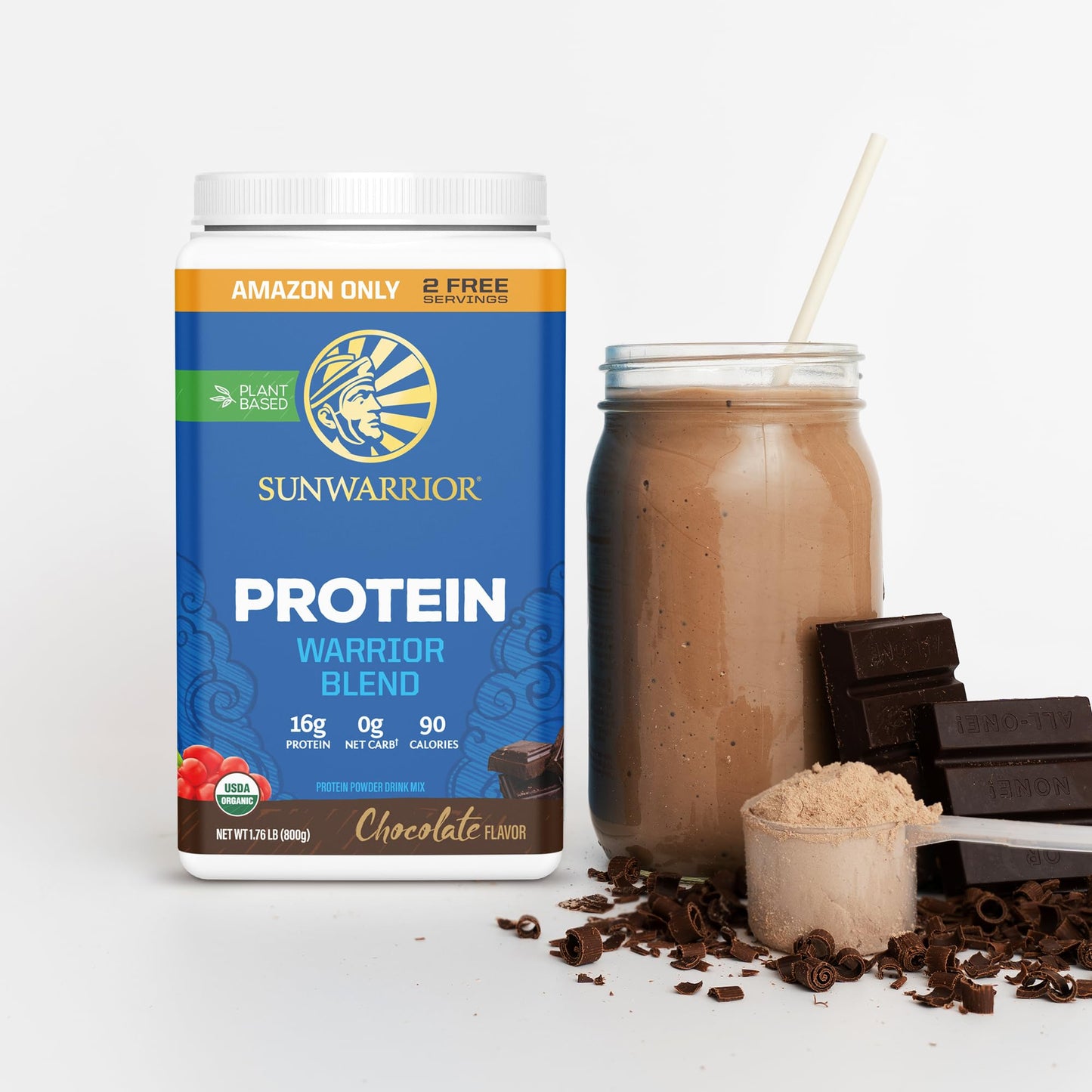 Sunwarrior Organic Plant Based Protein Powder Chocolate Flavor, 32 Servings