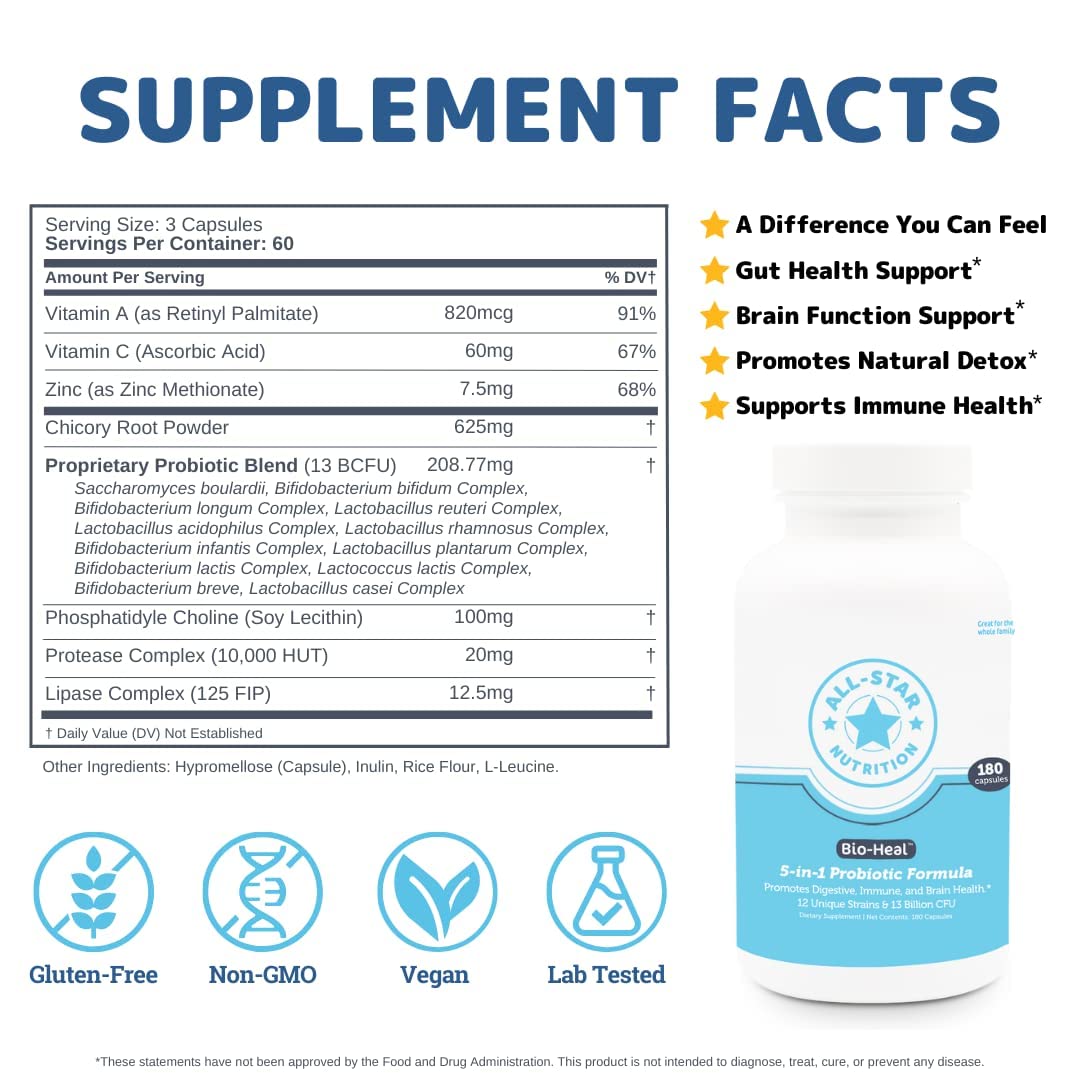 All-Star Nutrition 5-in-1 Bio-Heal Probiotic Capsules, 180 Capsules