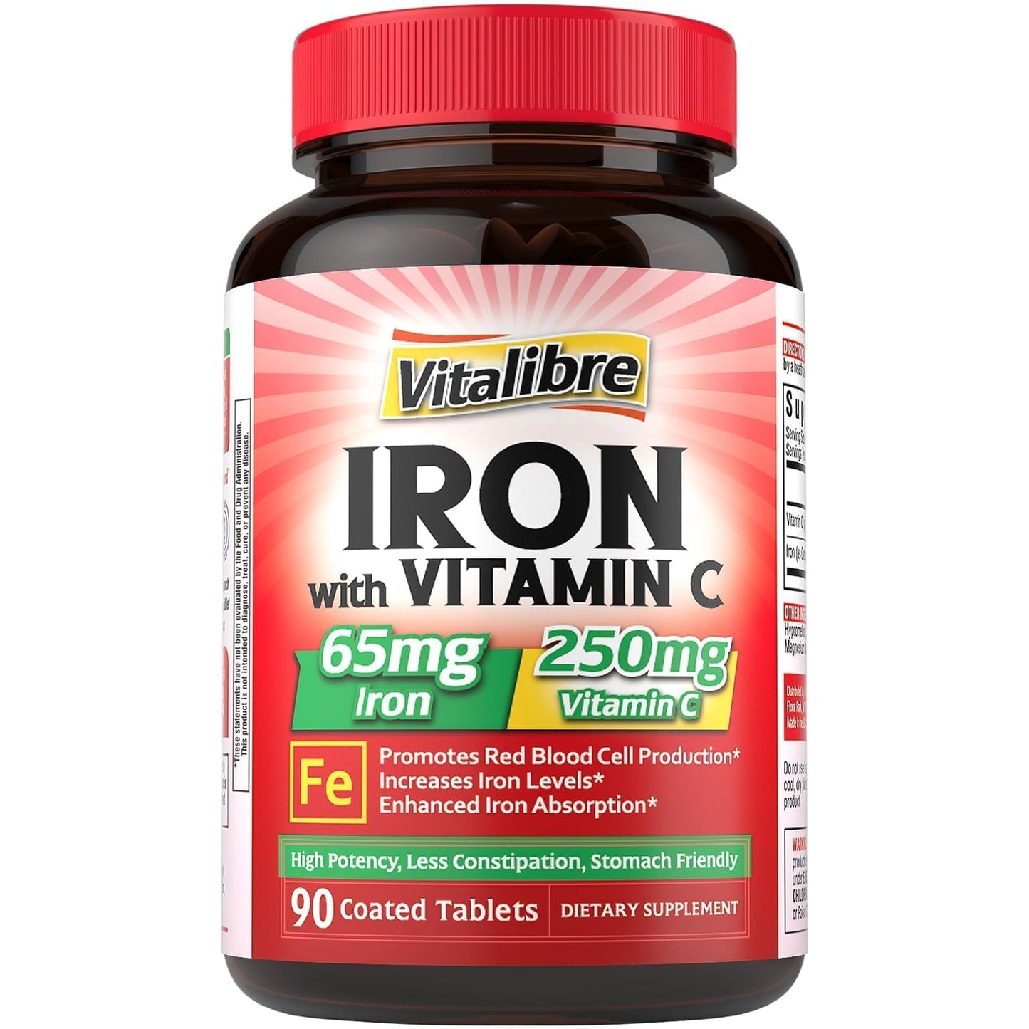Vitalibre Iron Supplement 65mg Carbonyl Iron with 250mg Vitamin C - Tablets, 90 Count