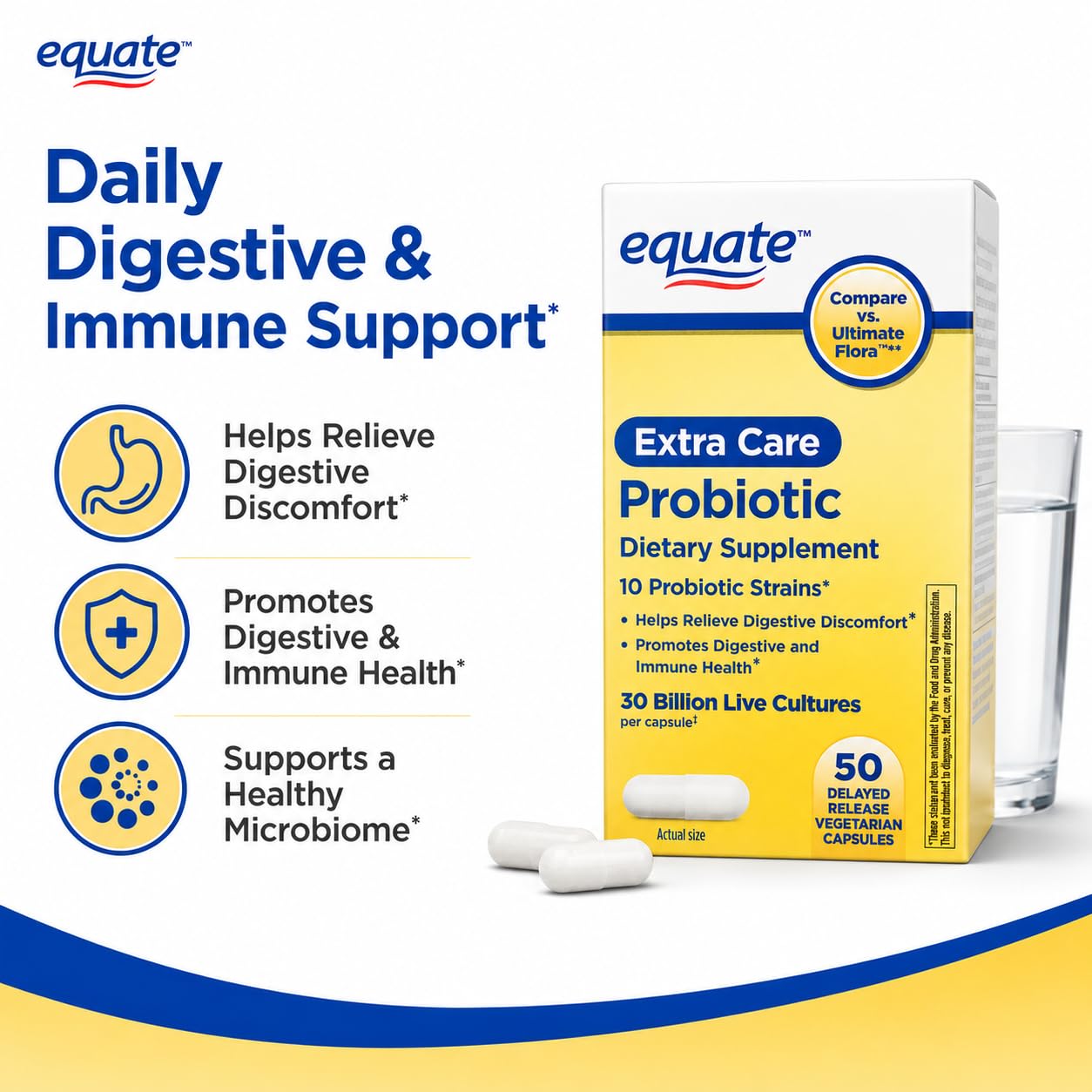 Bio360 Equate Extra Care Multi Strain Probiotic Capsules-30 Billion CFU-10 Strains 50 Count