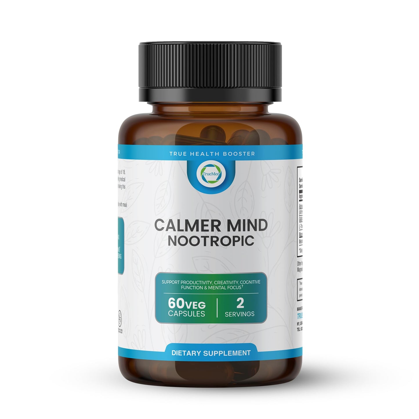 TRUEMED Calmer Mind Nootropic Ashwagandha, GABA, L-Theanine, Magnesium & Melatonin 60 Capsules