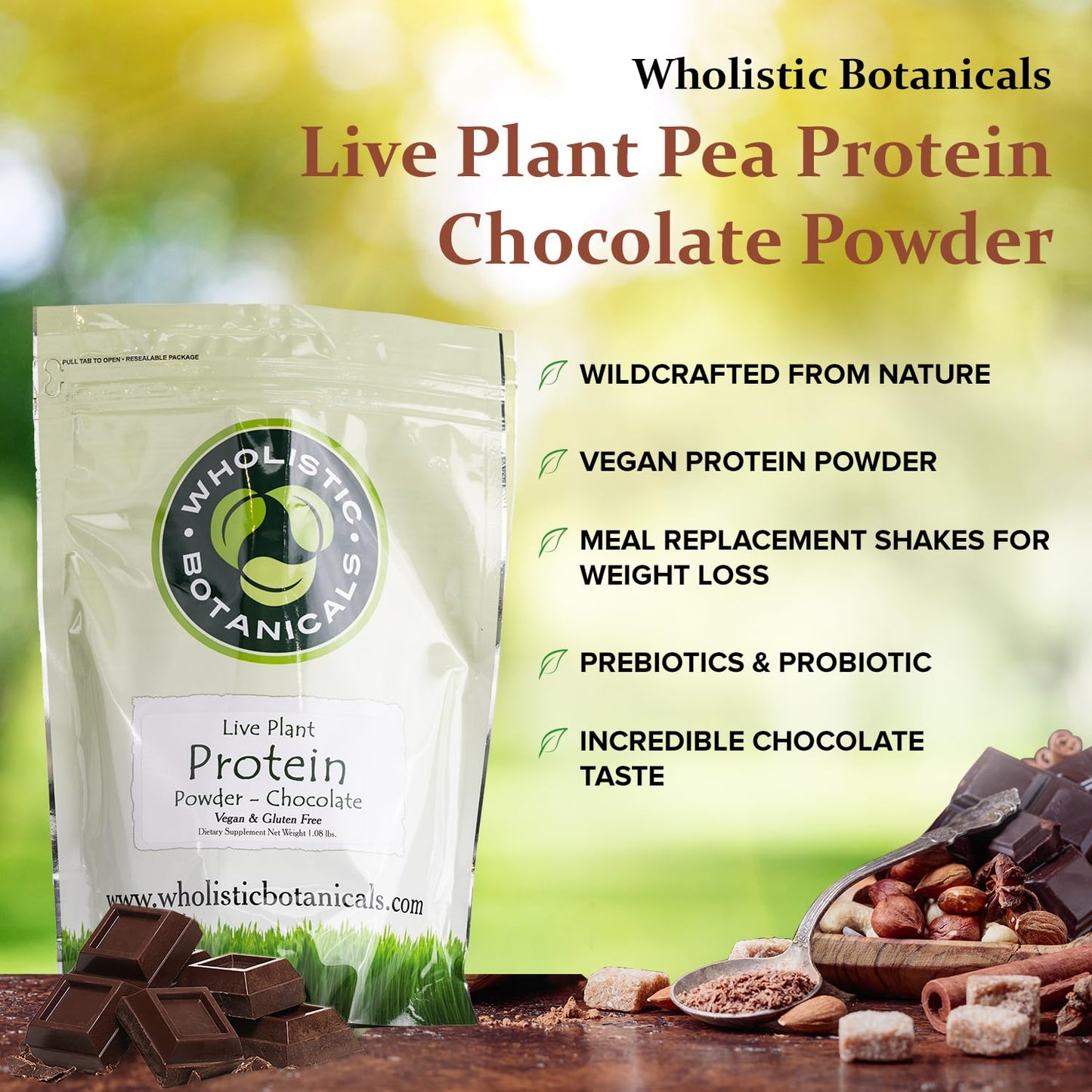 Wholistic Botanicals Live Plant Pea Protein Powder - Chocolate, 17.28 oz