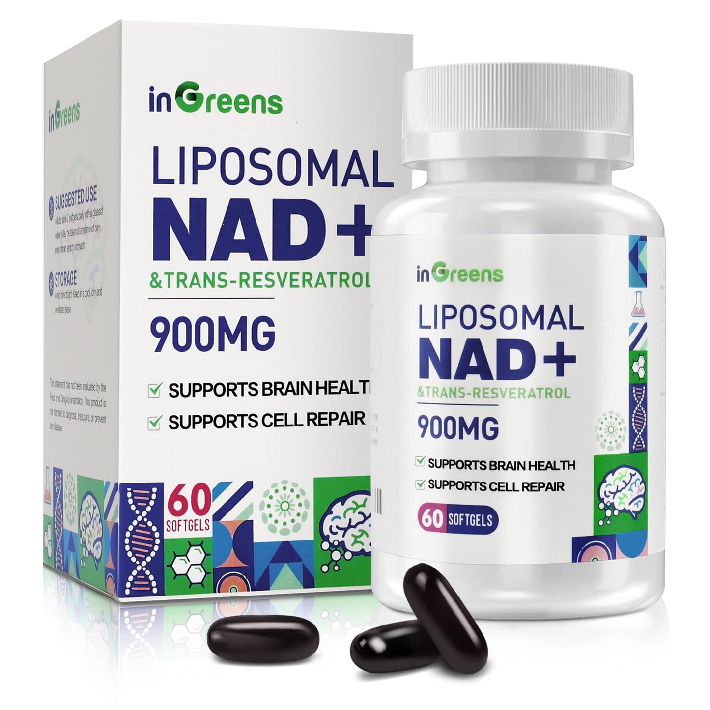 inGreens 900mg Liposomal NAD+ Supplement with 300mg Trans Resveratrol Softgels, 60 Count