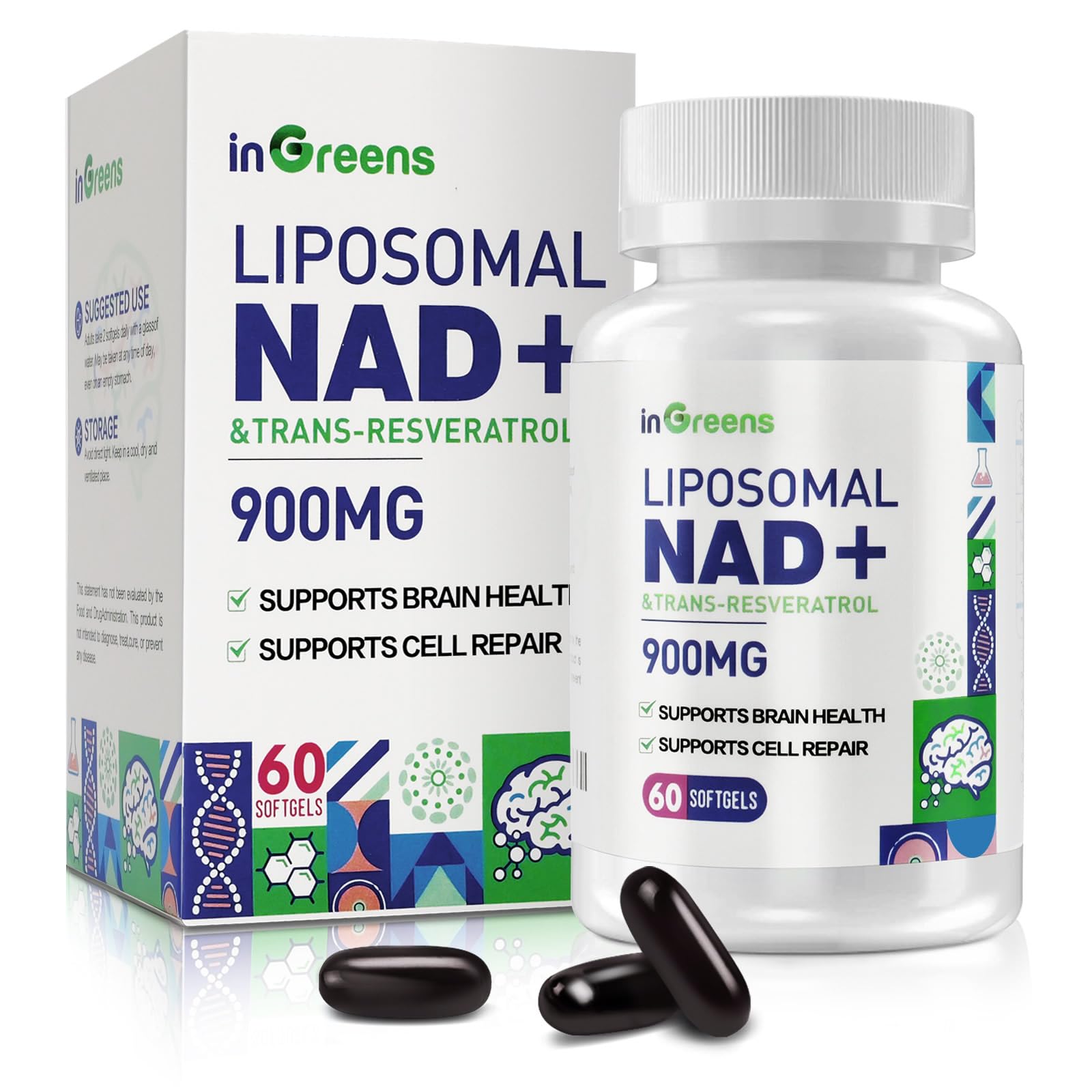 inGreens 900mg Liposomal NAD+ Supplement with 300mg Trans Resveratrol Softgels, 60 Count