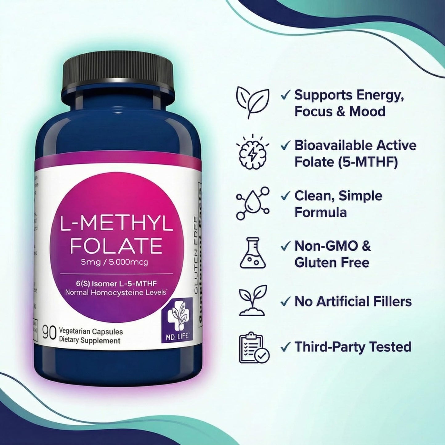 MD.LIFE L-Methylfolate 5mg Capsules, 90 Count