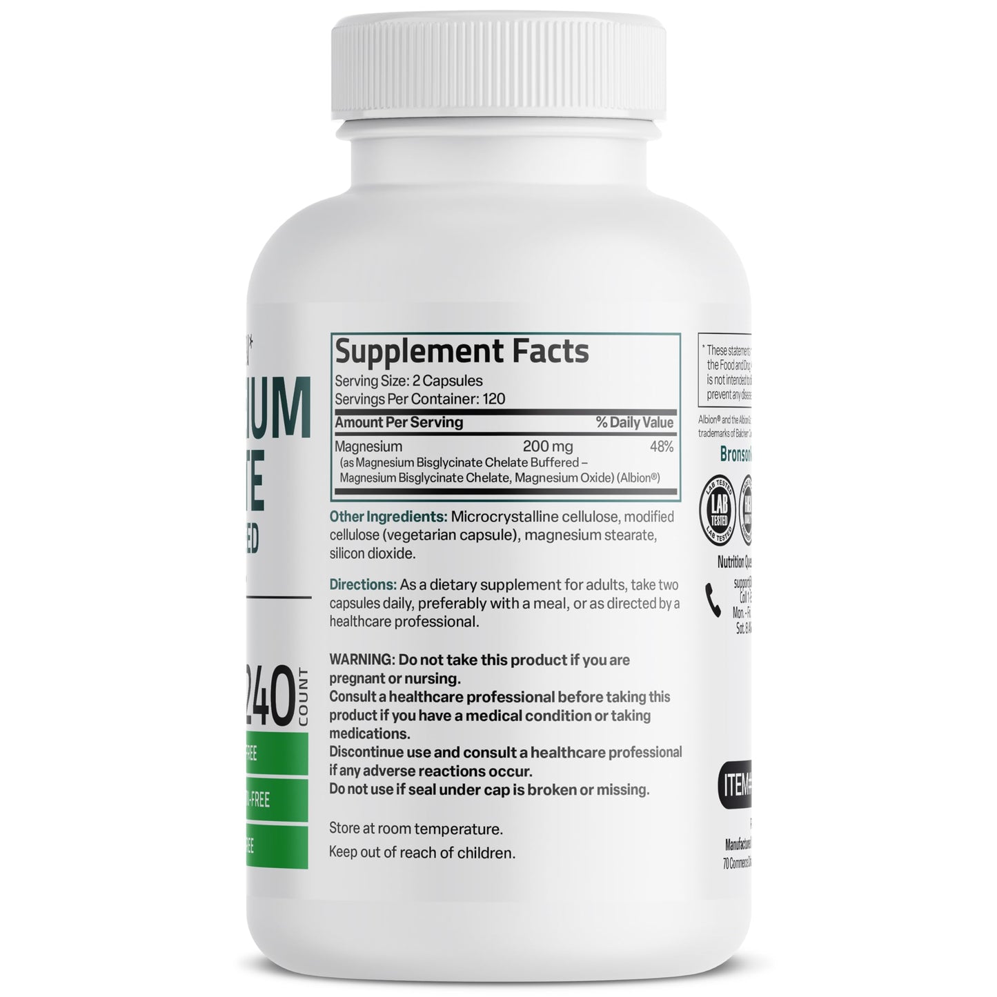 Bronson Magnesium Glycinate 200 mg per Serving Capsules, 240 Count
