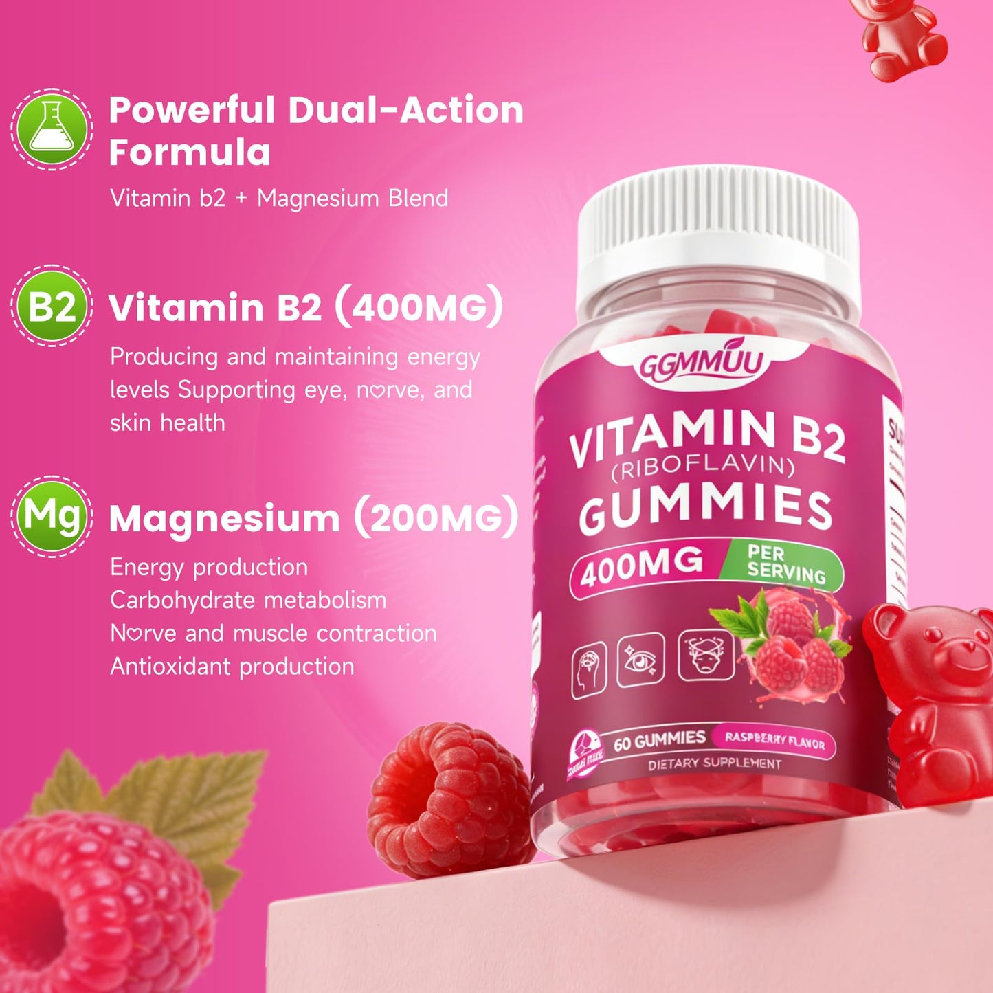 GGMMUU Vitamin B2 Gummies Riboflavin 400mg Supplement with Magnesium, 120 Count