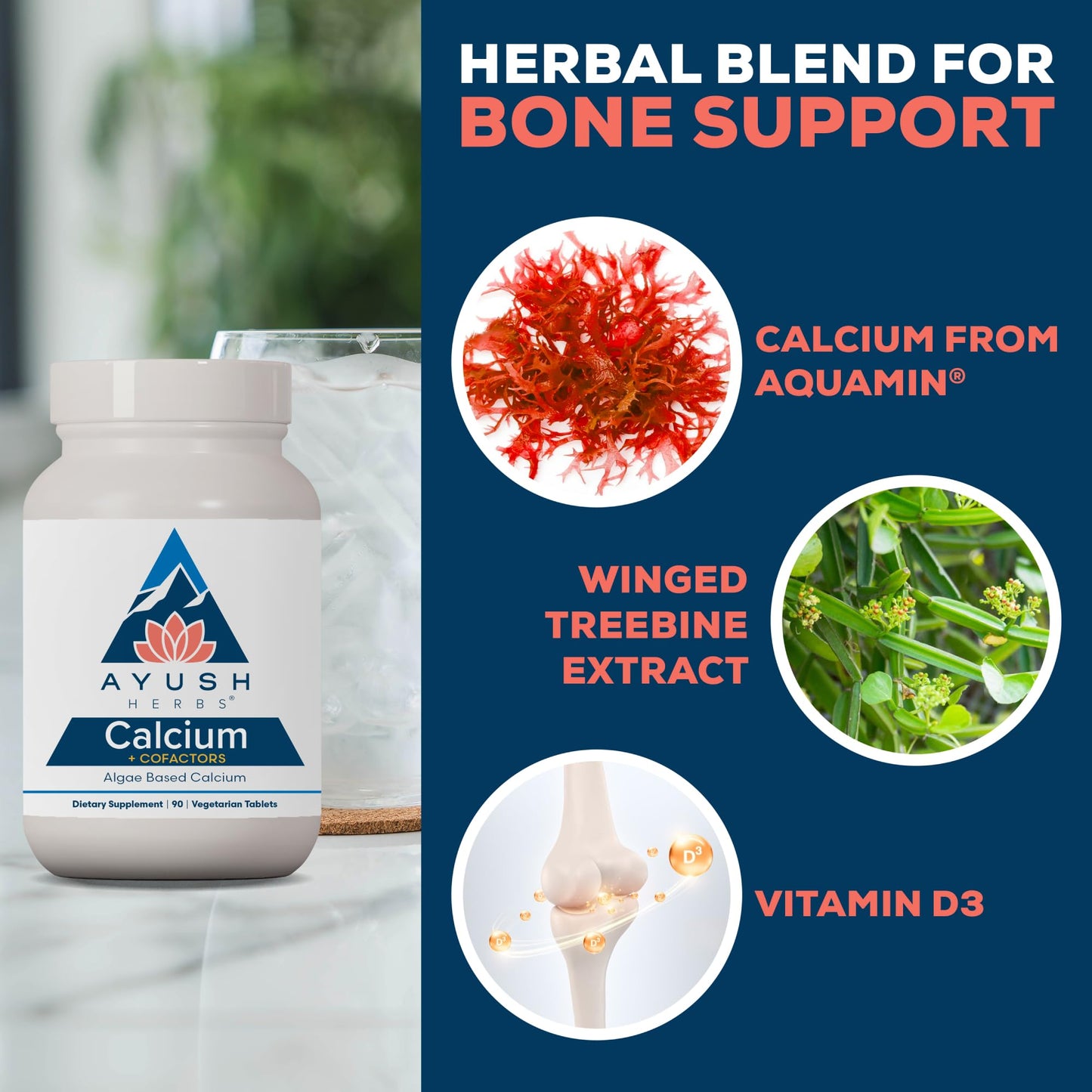 Ayush Herbs Calcium + Cofactors, Algae Based Calcium, Supports Bone Health & Mineralization, Tablets, 90 Count
