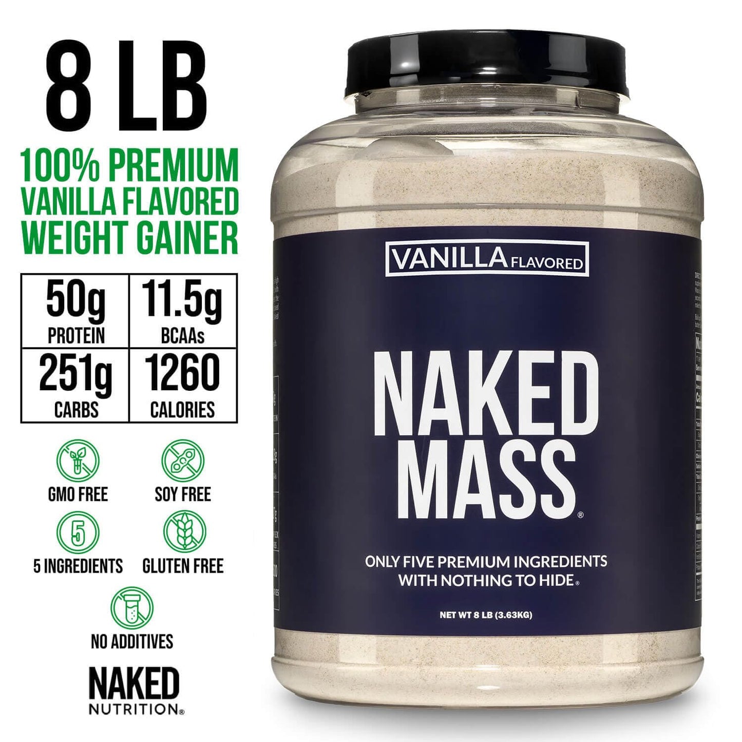 NAKED Vanilla Mass All Natural Vanilla Weight Gainer Protein Powder, 8 lb, 128 Servings