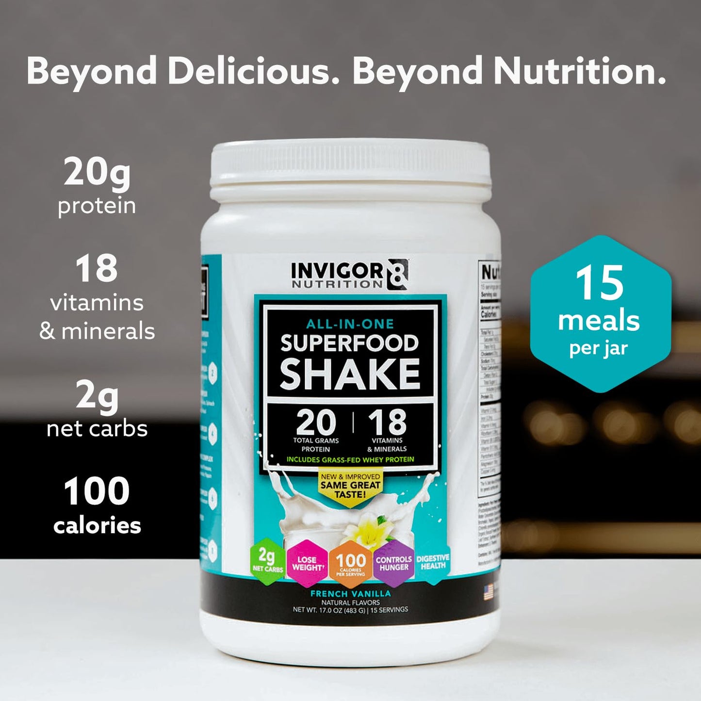 INVIGOR8 Superfood Grass Fed Whey Protein Isolate Shake French Vanilla Gluten-Free and Non GMO Meal Replacement with Probiotics and Omega 3 Powder 22.6 oz