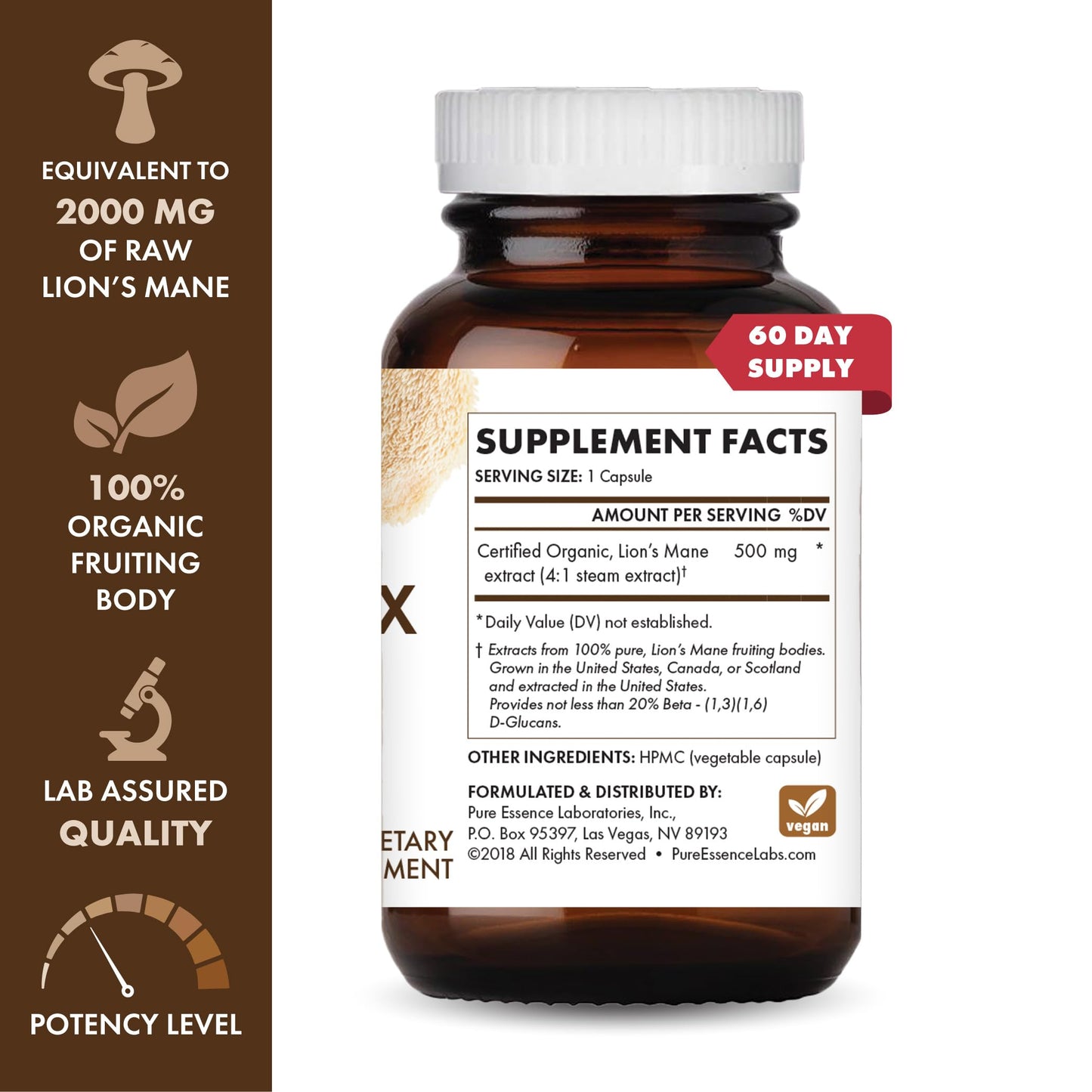 PURE ESSENCE LABS MyPure Lion's Mane 2X Double Strength Brain Support Supplement for Cognitive Health, Focus, Memory & Mental Clarity, 60 Capsules
