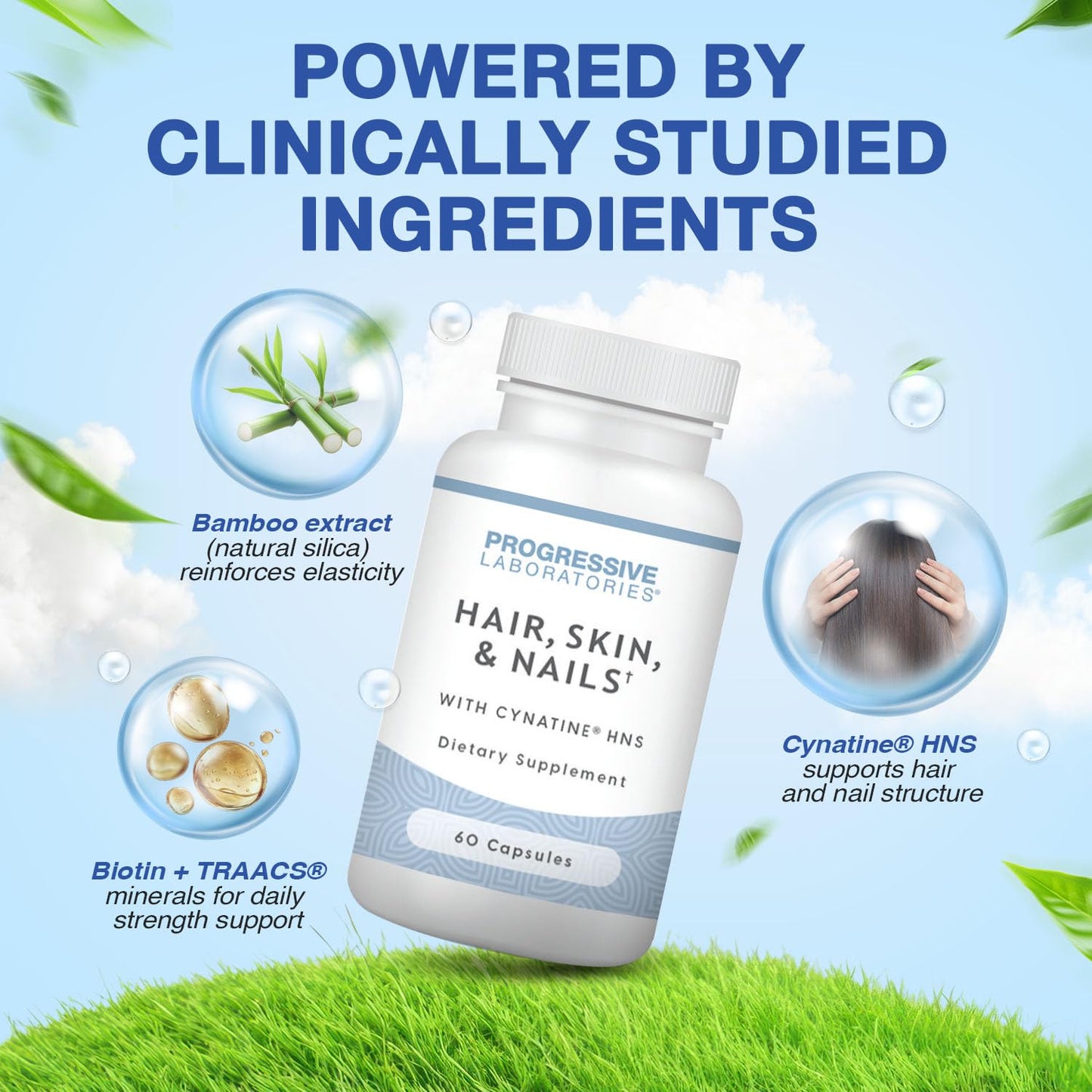 Progressive Laboratories Hair, Skin & Nails Supplement with Cynatine HNS & TRAACS Minerals, 60 Capsules