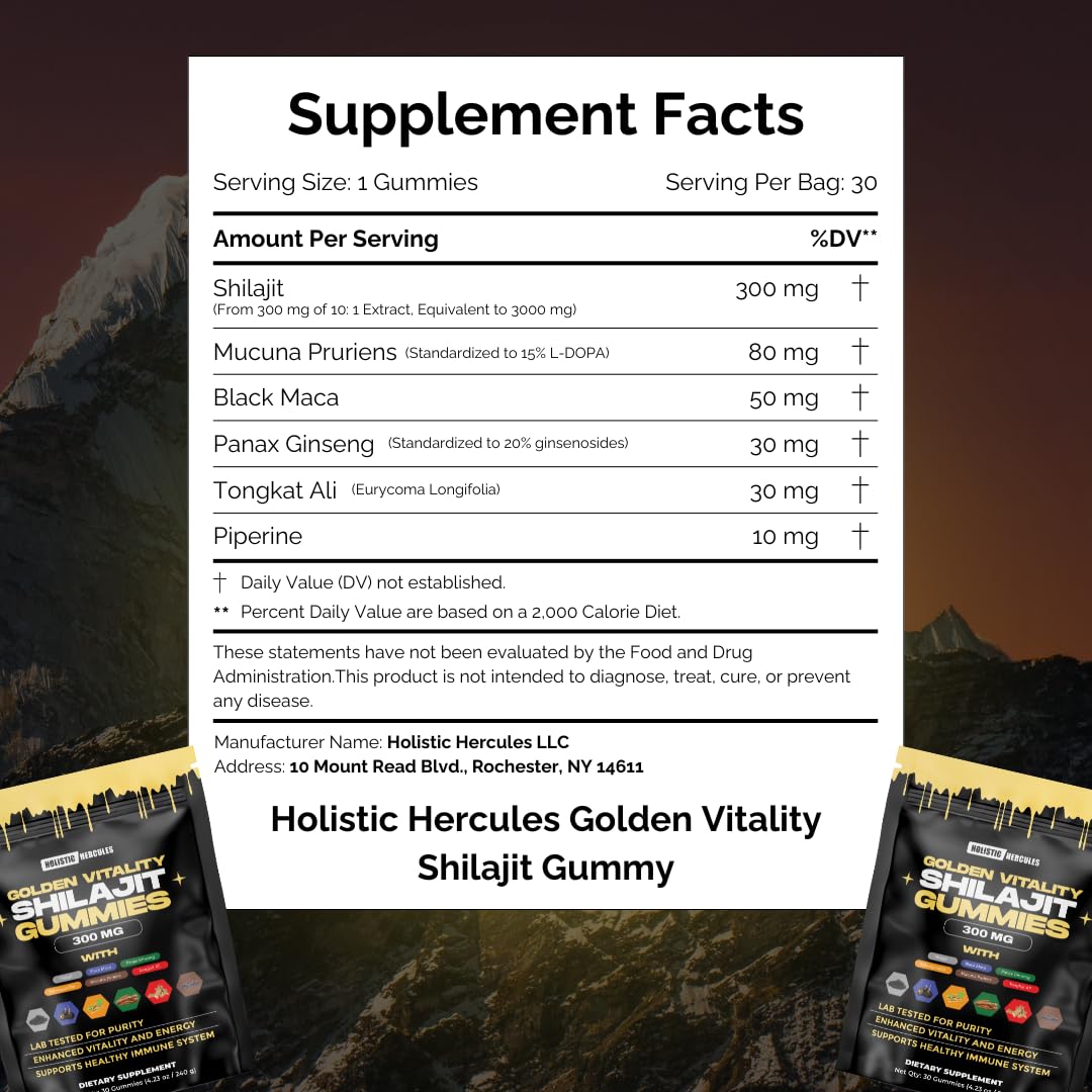 Holistic Hercules Himalayan Gold Shilajit Gummies with Ashwagandha, Black Maca, Tongkat Ali, Panax Ginseng, Mucuna, 30 Gummies