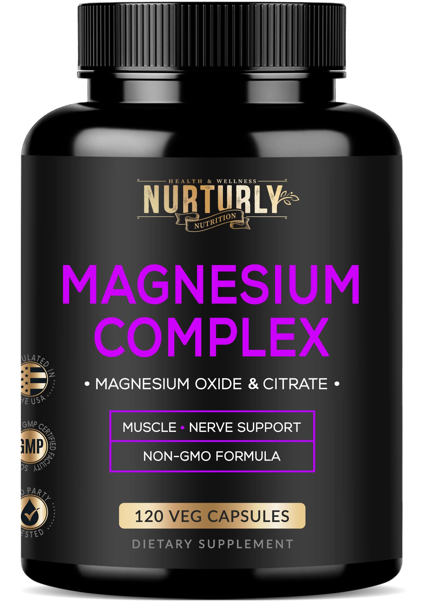 NURTURLY Magnesium Citrate & Oxide 500mg Complex Supplement Capsule, 120 Count