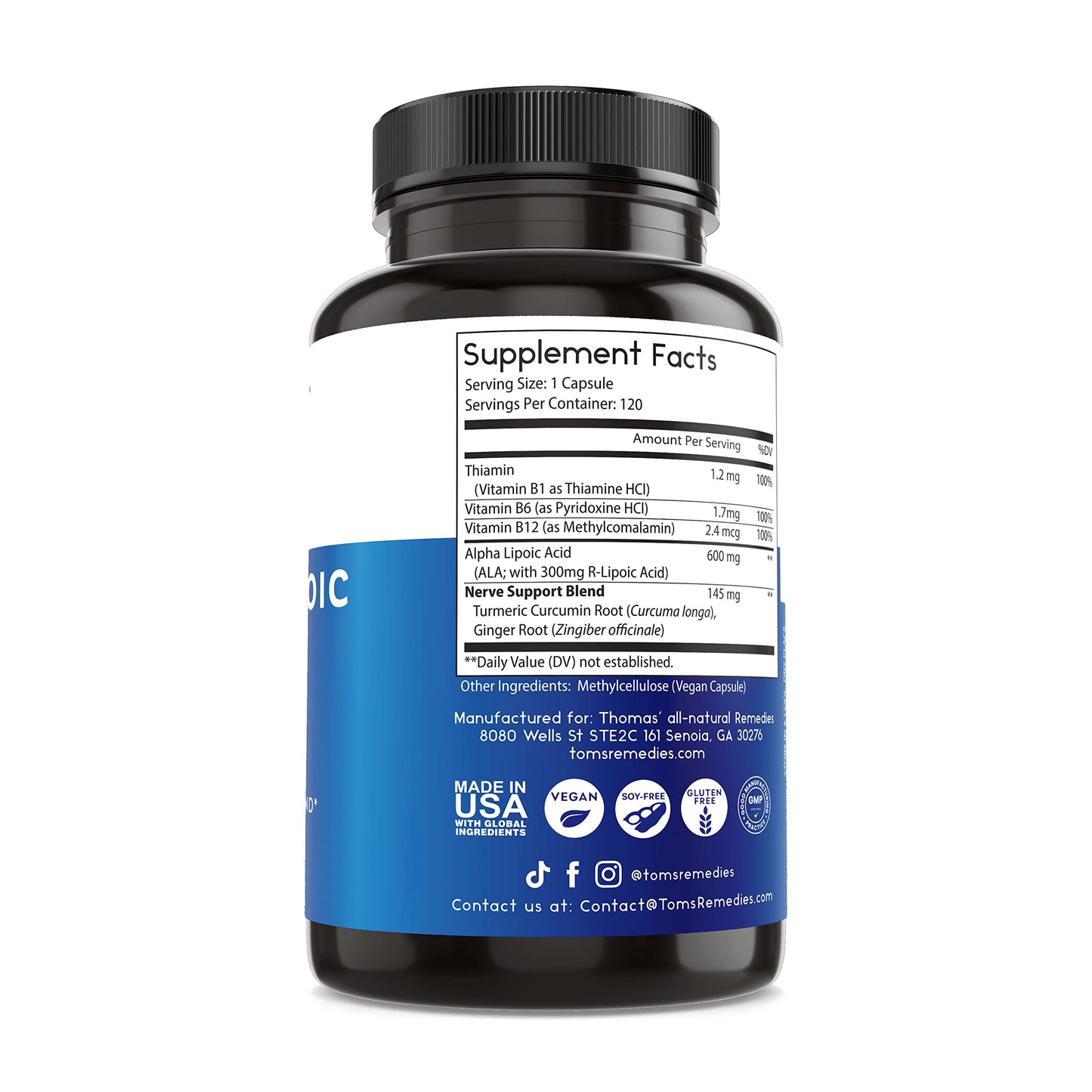 Thomas' all-natural Remedies Alpha Lipoic Acid Supplement 600mg Capsule 120 Count