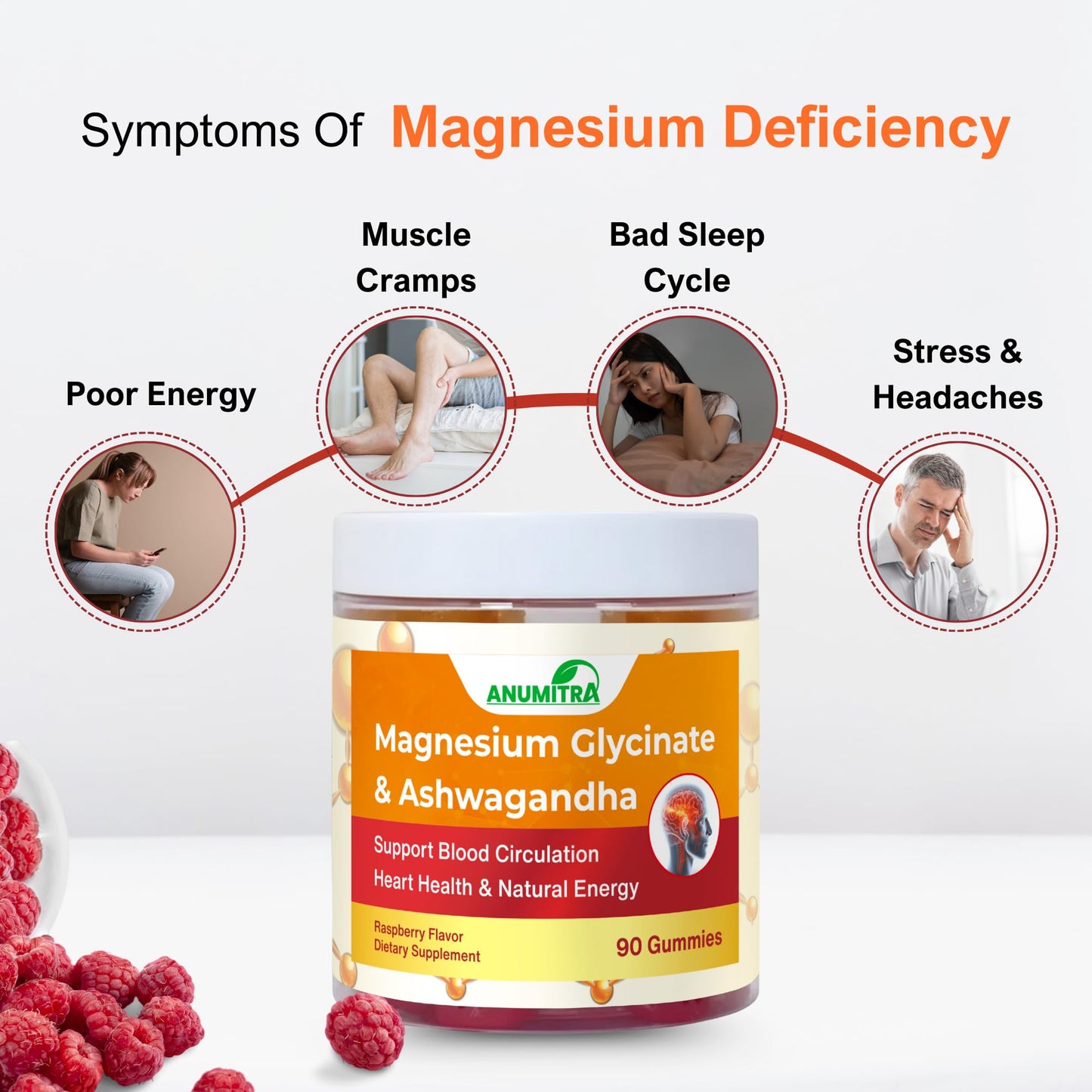 ANUMITRA Magnesium Glycinate 1000mg Gummies with Ashwagandha & CoQ10, High Absorption Vegan, Sleep & Calm Support, Raspberry Flavor, 90 Gummies