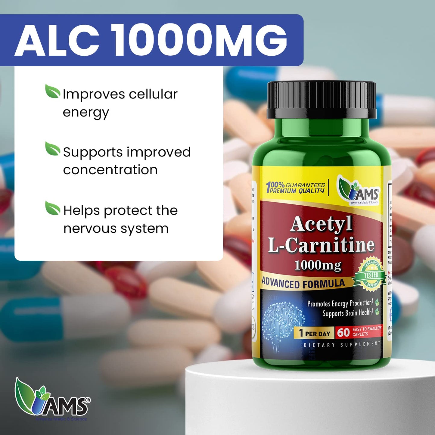 America Medic & Science Acetyl L-Carnitine 1000mg Tablets 60 Count