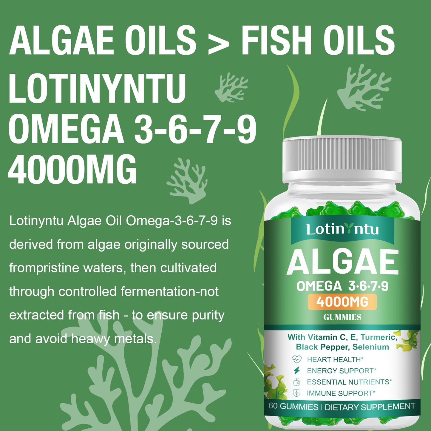 LotinYntu Algae Omega 3 Gummies 4000mg DHA 1500mg & EPA 270mg, Vitamin C, E, Turmeric, Black Pepper & Selenium, Supports Heart, Brain & Immune Wellness, 120 Gummies