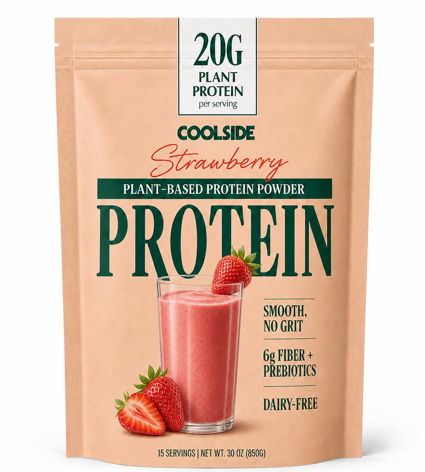 Coolside Clean Plant-Based Protein Powder, Probiotic, Strawberry, 30 Servings