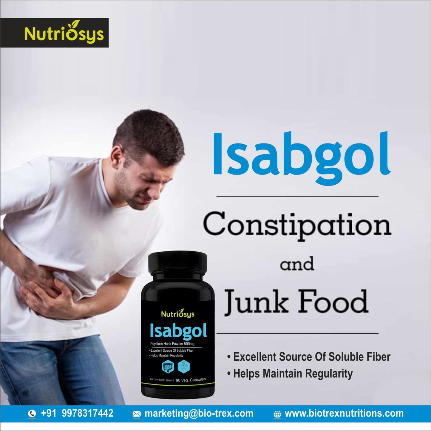 Nutriosys Isabgol Psyllium Husk 500mg Supplement, 90 Capsules