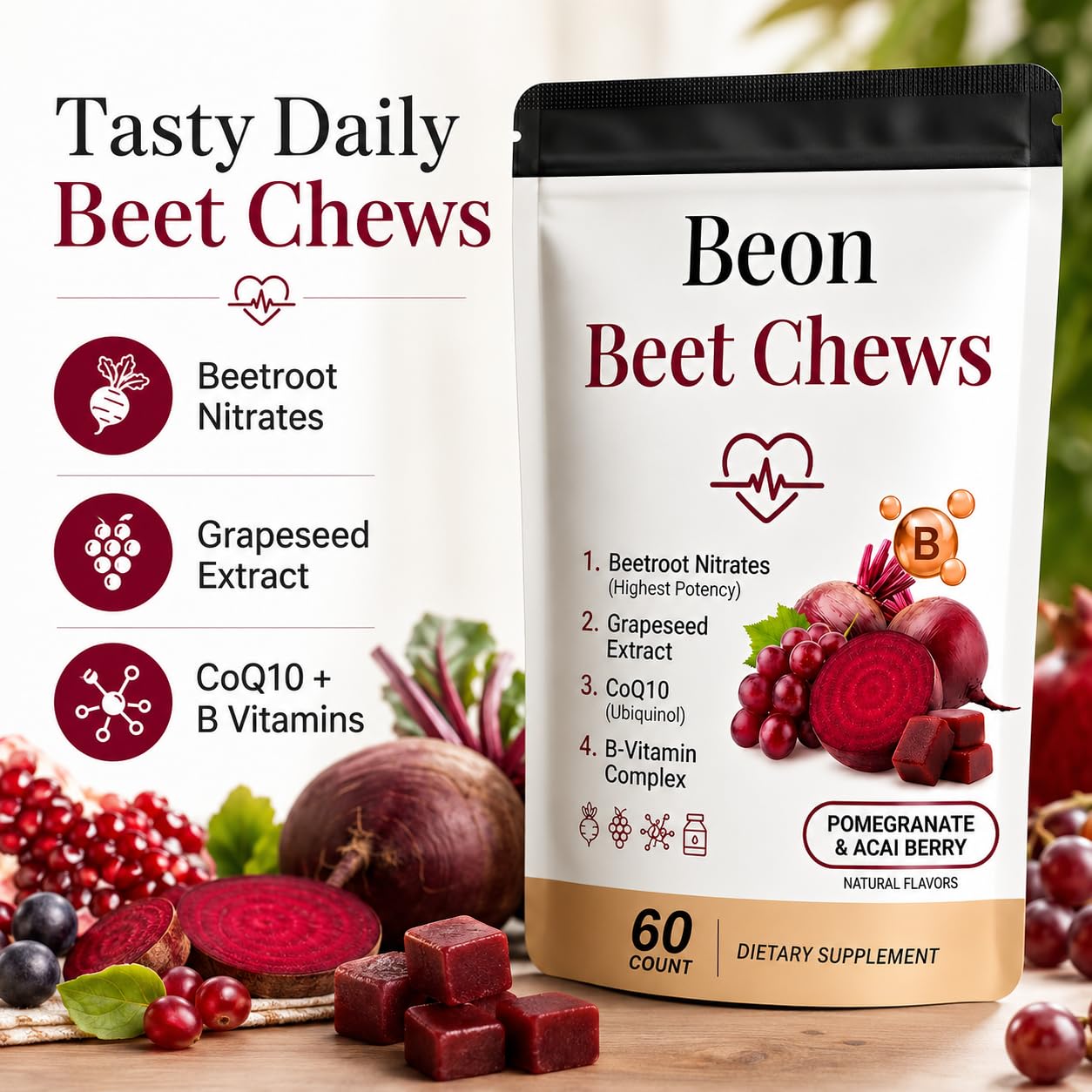 puyode Beon Beet Chews Gummies with Grape Seed & L-CoQ10 for Calm Mood, Free Vegan, 60 Chews