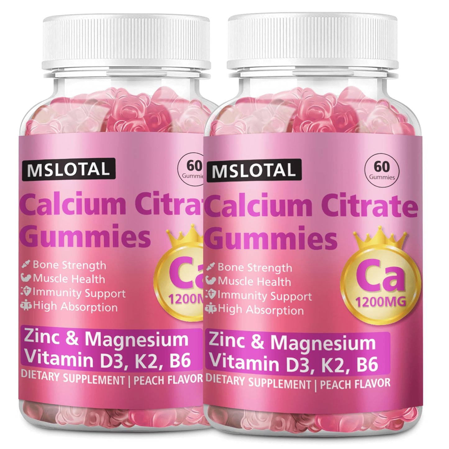 MSLOTAL Calcium Citrate Gummies 1200mg with Vitamin D3, B6, B12, Magnesium and Zinc, 120 Gummies