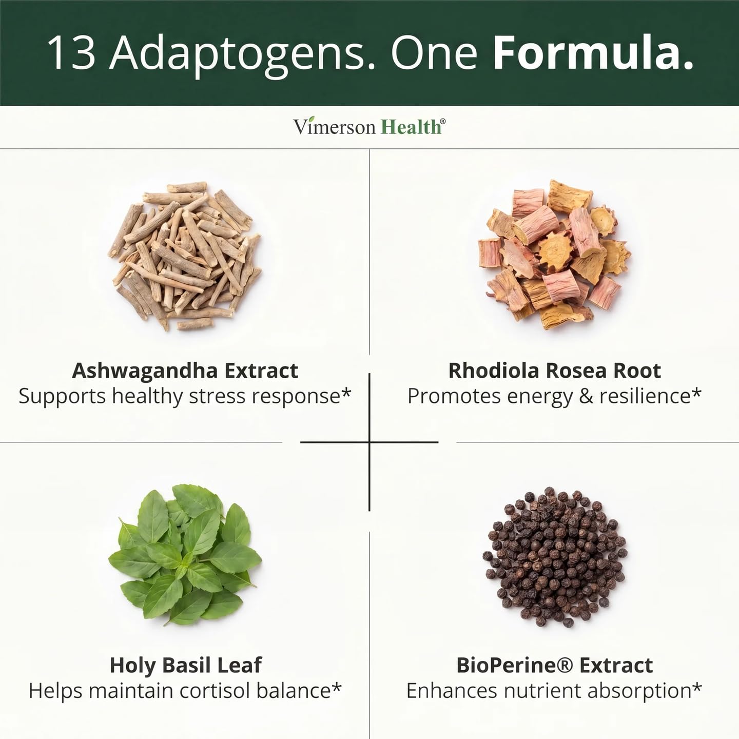 Vimerson Health Adrenal Support Supplements with Ashwagandha Rhodiola Holy Basil – Adaptogen Complex for Cortisol Health & Stress Support – Enhanced Absorption with BioPerine 60 Capsules