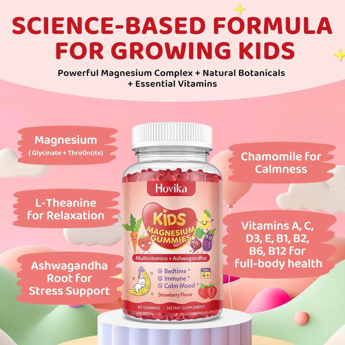 Hovika Magnesium Gummies for Kids & Adults with L-Theanine, Chamomile & Multivitamins, Sugar-Free Strawberry Flavor, 120 Gummies