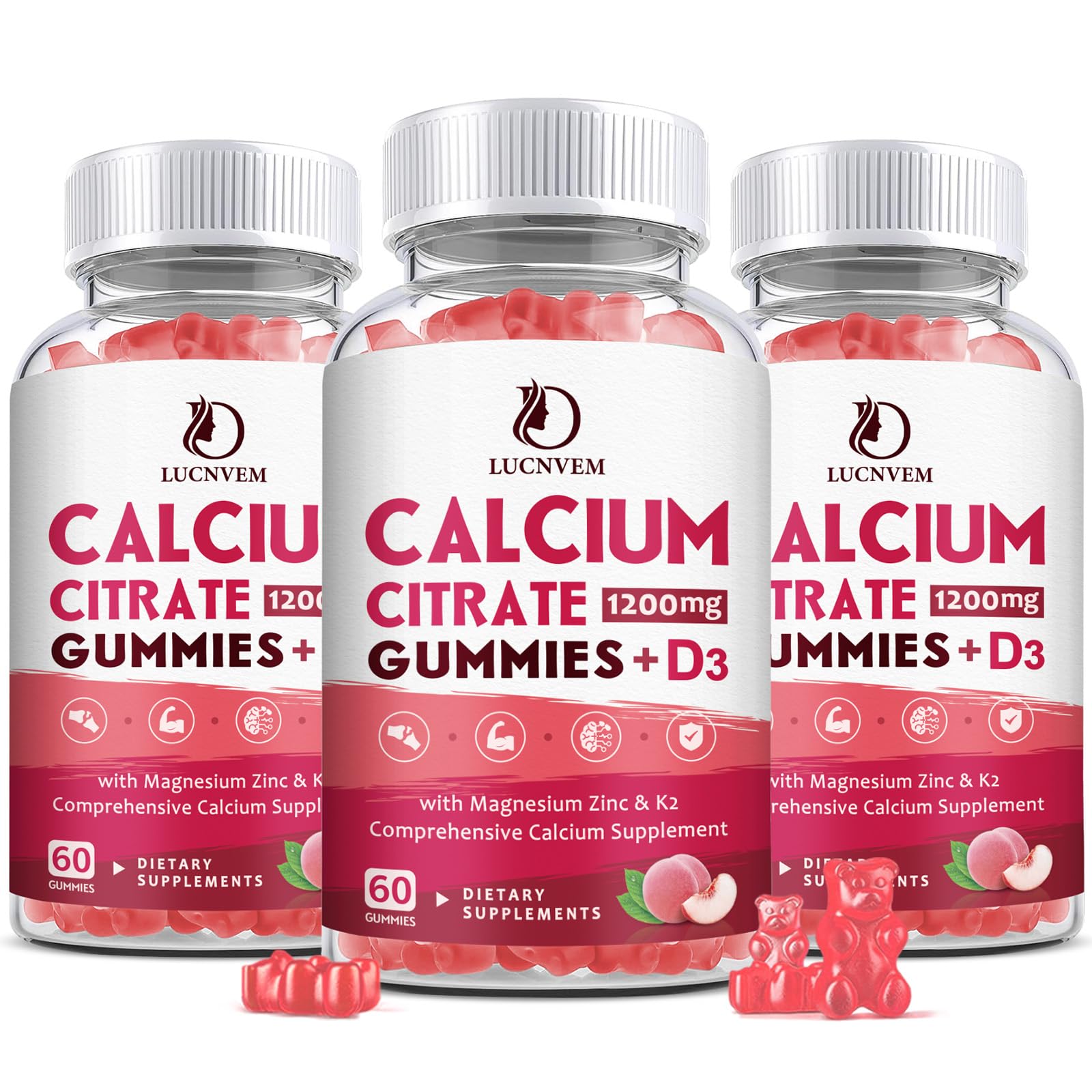 LUCNVEM Calcium Citrate 1200mg with Vitamin D3 & K2 Gummies, High Absorption, Peach Flavor, 180 Gummies