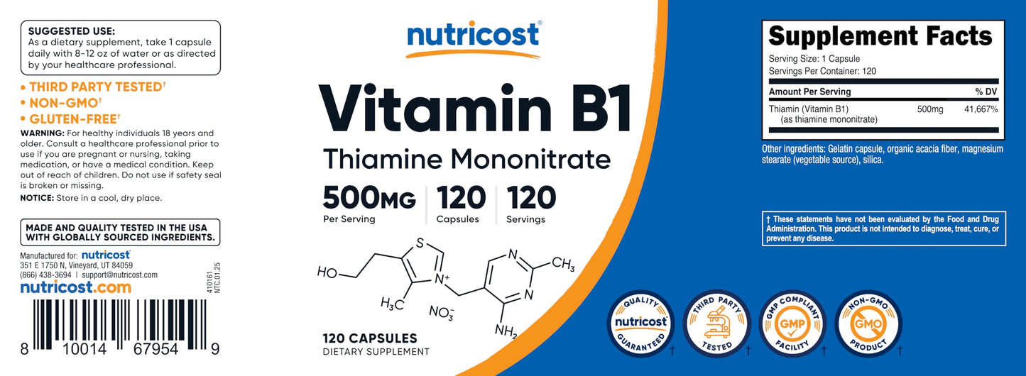 Nutricost Vitamin B1 (Thiamine) 500mg Capsule, 120 Count