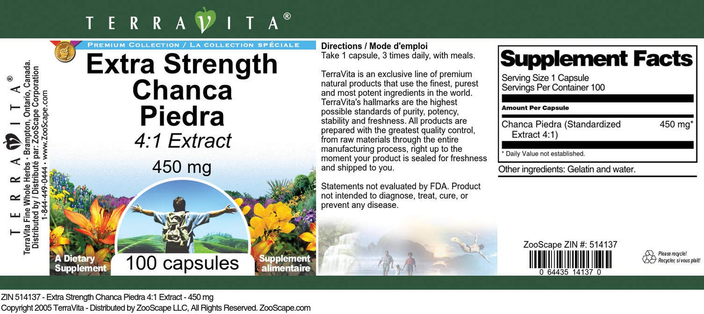 Terravita Extra Strength Chanca Piedra 4:1 Extract - 450 mg Capsules, 100 Count