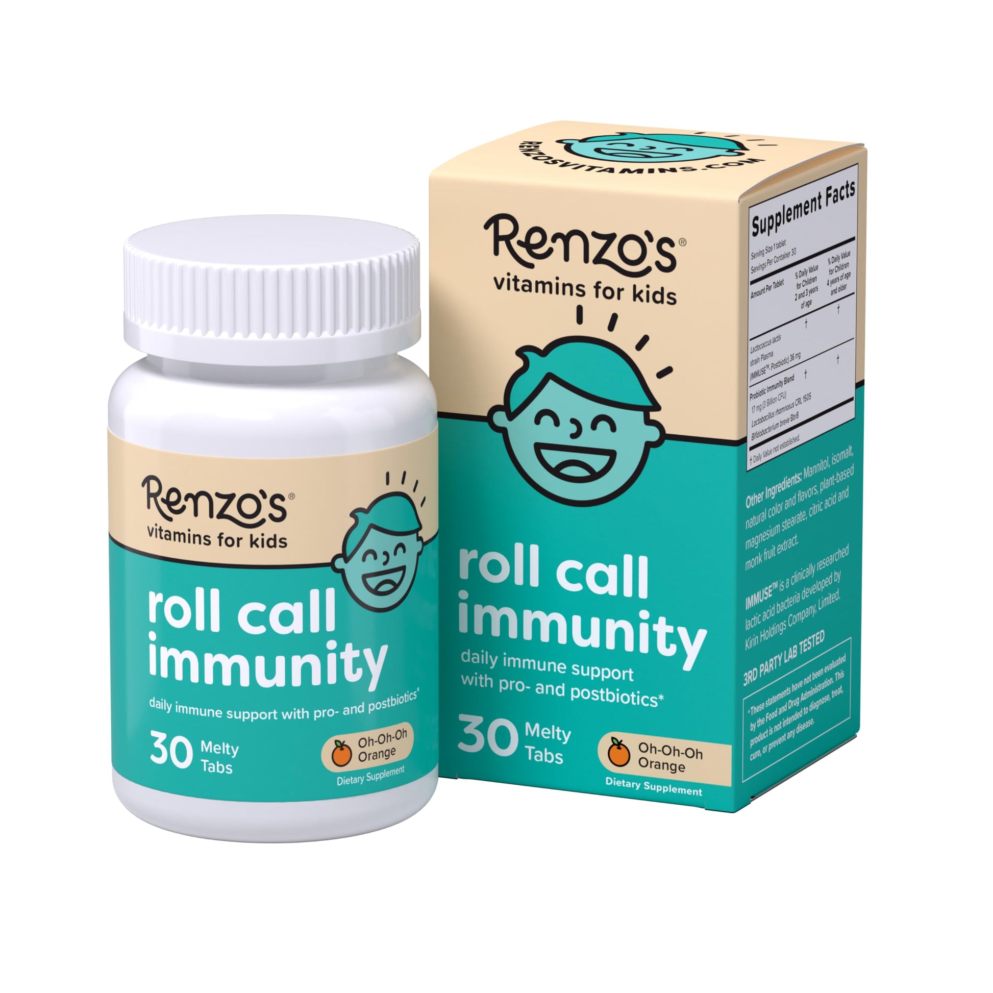 Renzo's Roll Call Immunity Dissolvable Kids Immune Support Supplement with IMMUSE Postbiotic, Sugar-Free Kids Vitamins, 30 Tablets
