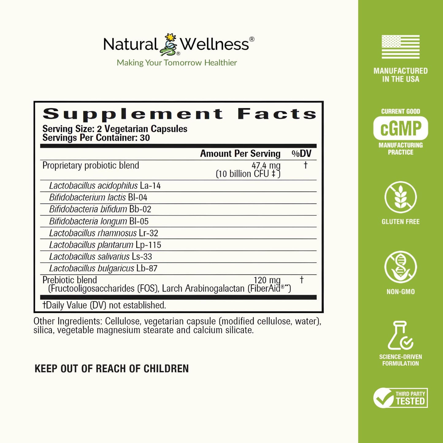 Natural Wellness Super Probiotic + Prebiotic Blend – 10 Billion CFUs with 8 Strains – Probiotics for Digestive Health, Gut Balance & Immune Support – Non-GMO, 60 Capsules