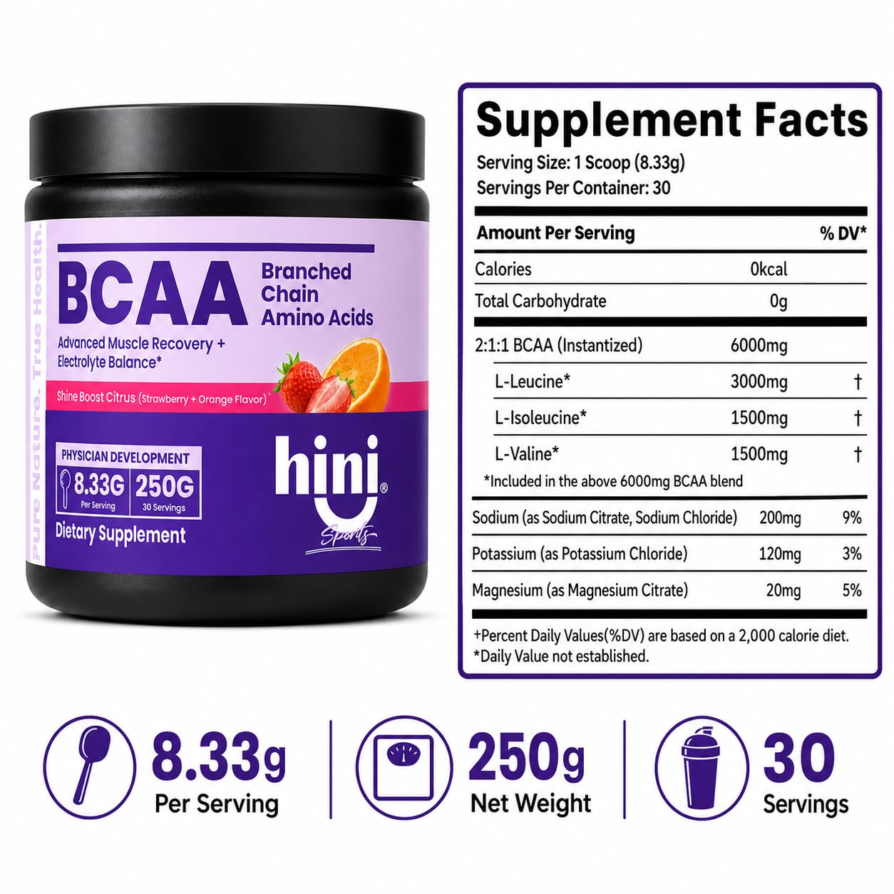 HINI BCAA Powder 6000mg BCAA Blend with Electrolytes, L-Leucine, L-Isoleucine & L-Valine, Strawberry Orange Flavor, 250g, 30 Servings