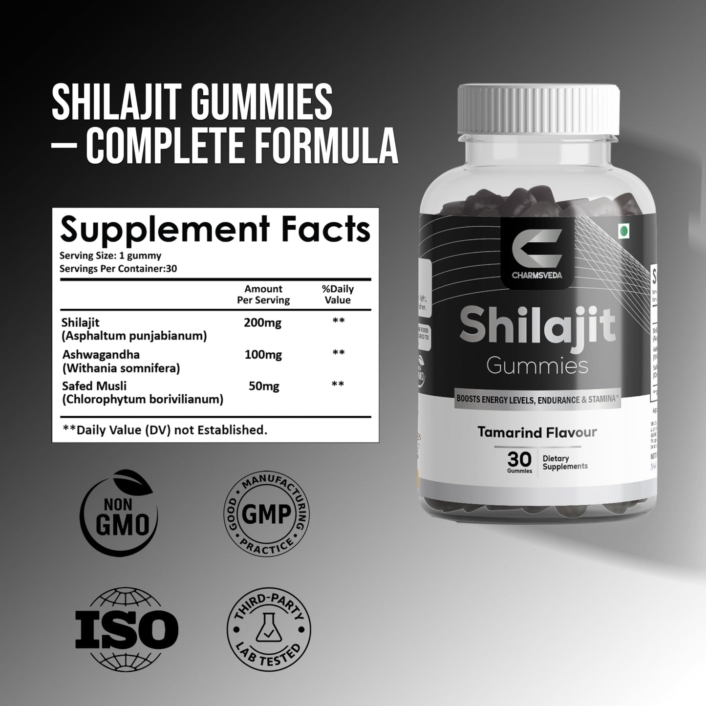 CHARMSVEDA Shilajit Gummies – Ashwagandha & Safed Musli – Tamarind Flavour Capsules, 30