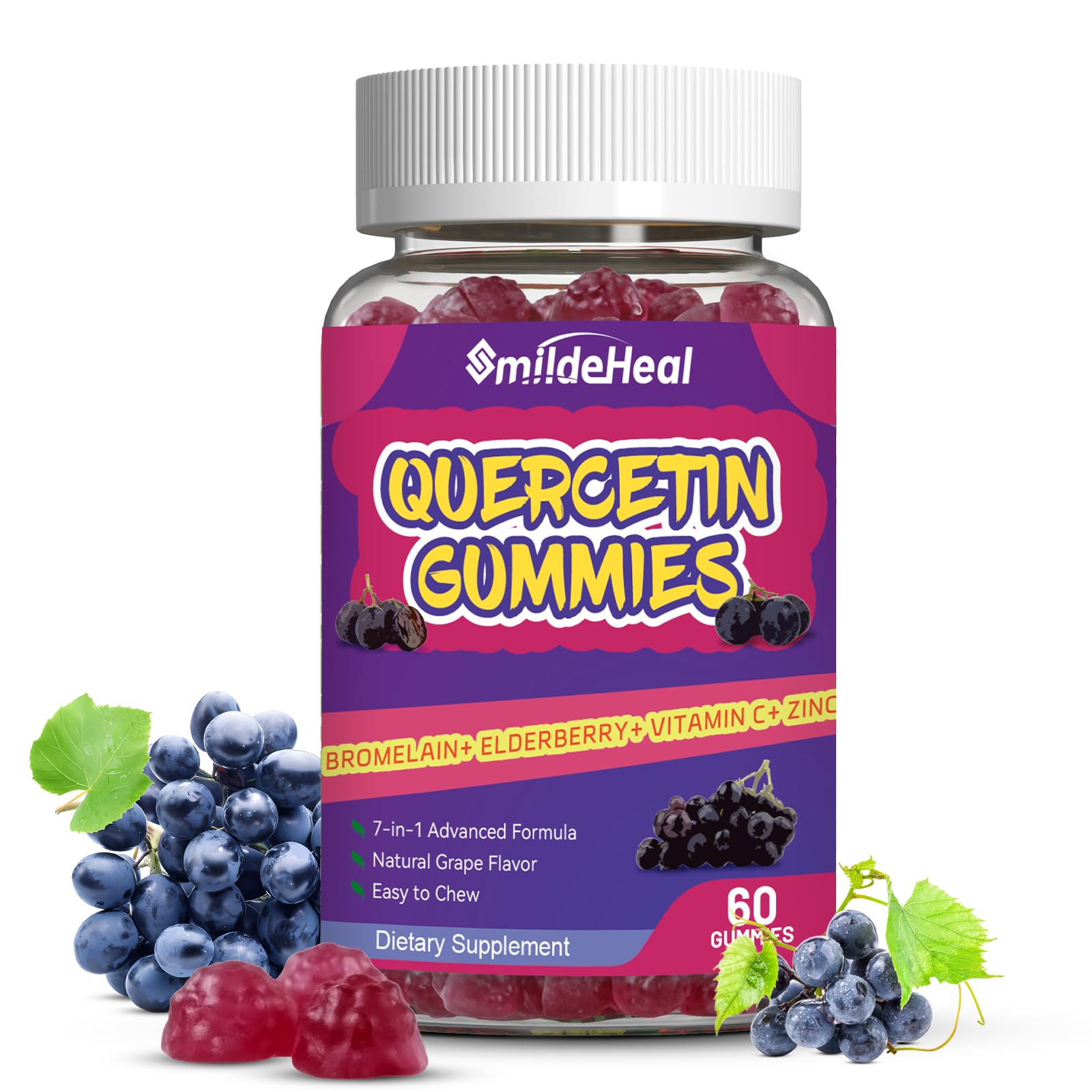 SmildeHeal Quercetin Gummies 1200MG with Bromelain, Zinc Vitamin C 60 Gummies