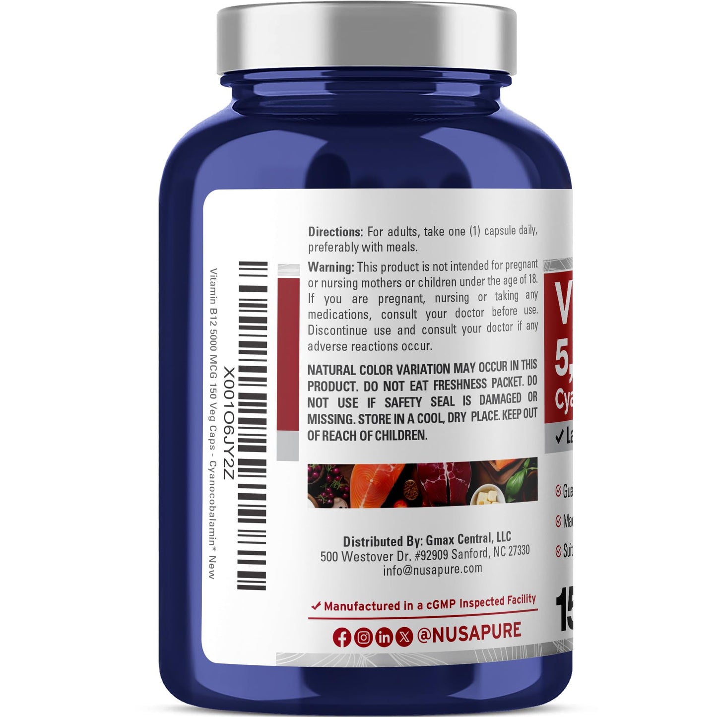 NusaPure Vitamin B12 Max Strength Non-GMO Vegan 5000mcg Capsules, 200 Count
