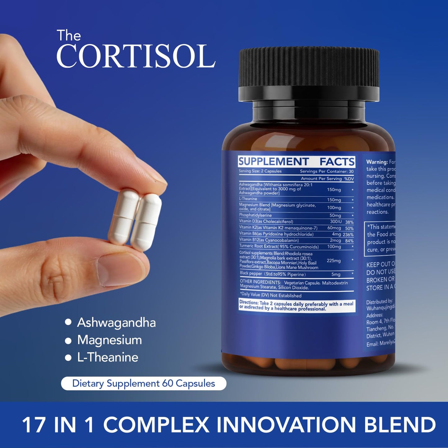 Marellya Cortisol Supplement for Women & Men – 17-in-1 Cortisol Manager with Ashwagandha, L-Theanine & Magnesium, 60 Vegetarian Capsules