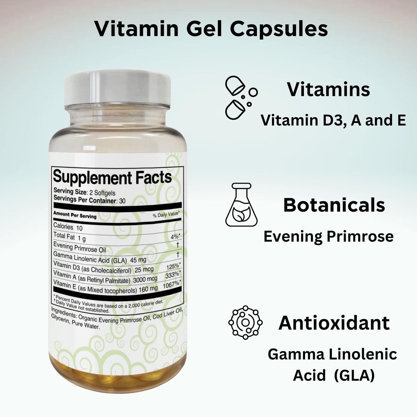 Innate Skin Clear Skin Acne Vitamin Gel Capsules with Evening Primrose Oil, Vitamin A, D (D3) & E, All Natural Complexion Supplement, 60 Capsules