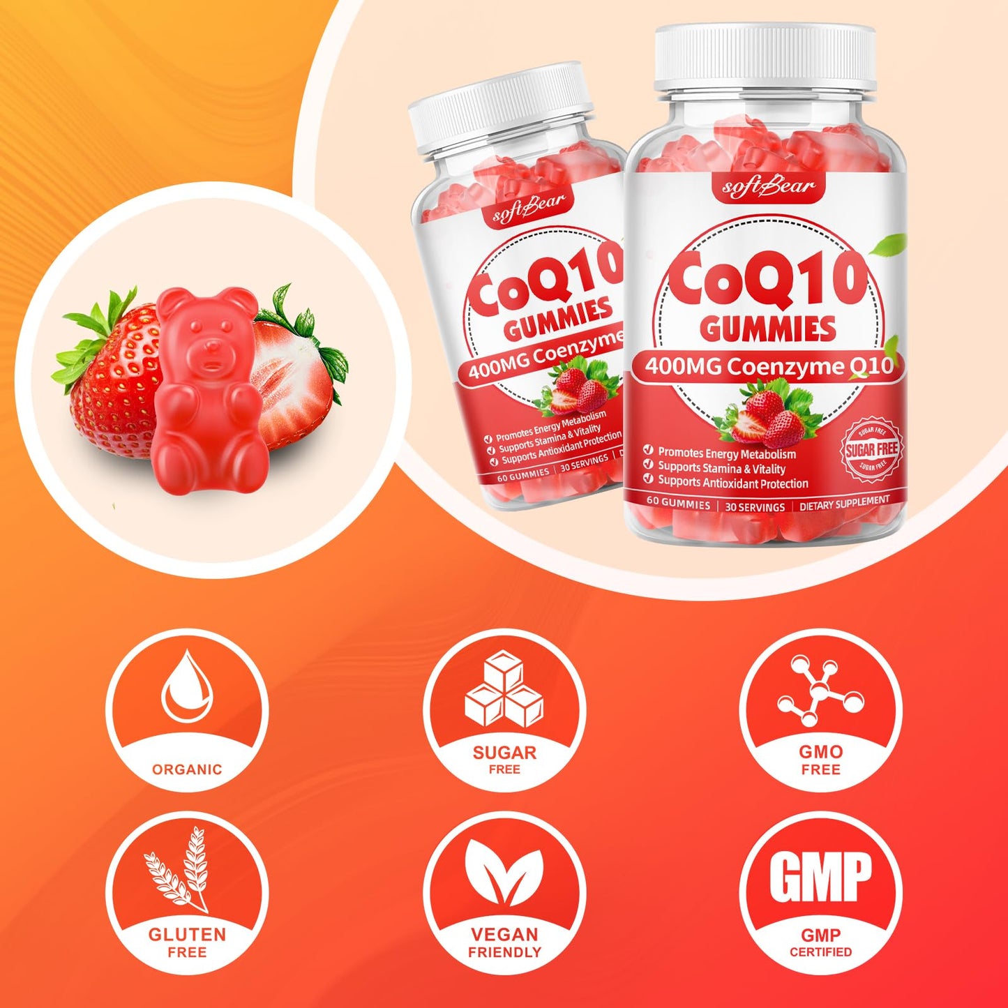 Softbear CoQ10 Gummies 400mg Coenzyme Q10 Supplement, 60 Count
