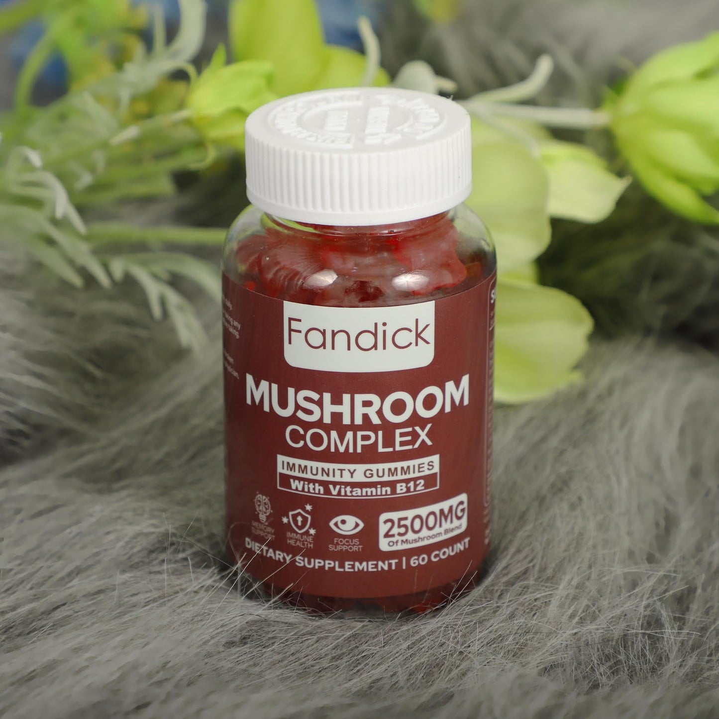 FANDICK Premium Organic Mushroom Complex Blend with Reishi, Cordyceps, Lion's Mane, Chaga, Maitake, Turkey Tail, Agaricus Blazei, Oyster, Black Fungus, Shiitake, DMAE 50mg Gummies 60 Count