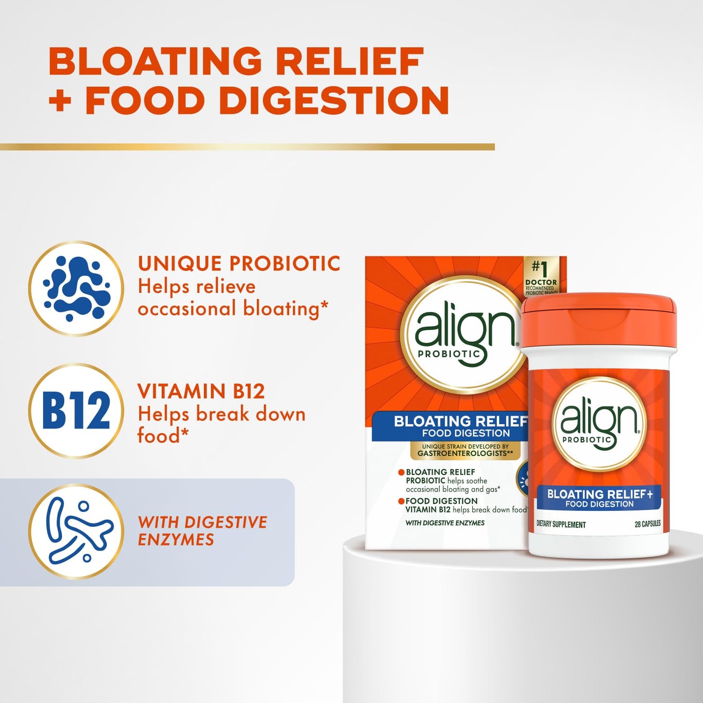 Align Probiotic Bloating Relief + Food Digestion Capsules, 28 Count
