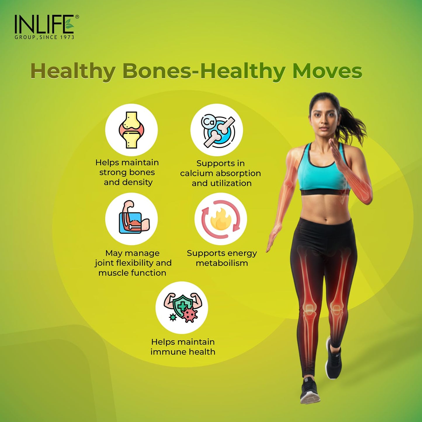 INLIFE Calcium Magnesium Zinc Vitamin D K2 Folic Acid & B12 Vegetarian Tablets, Bone & Joint Support Supplement, 120 Tablets