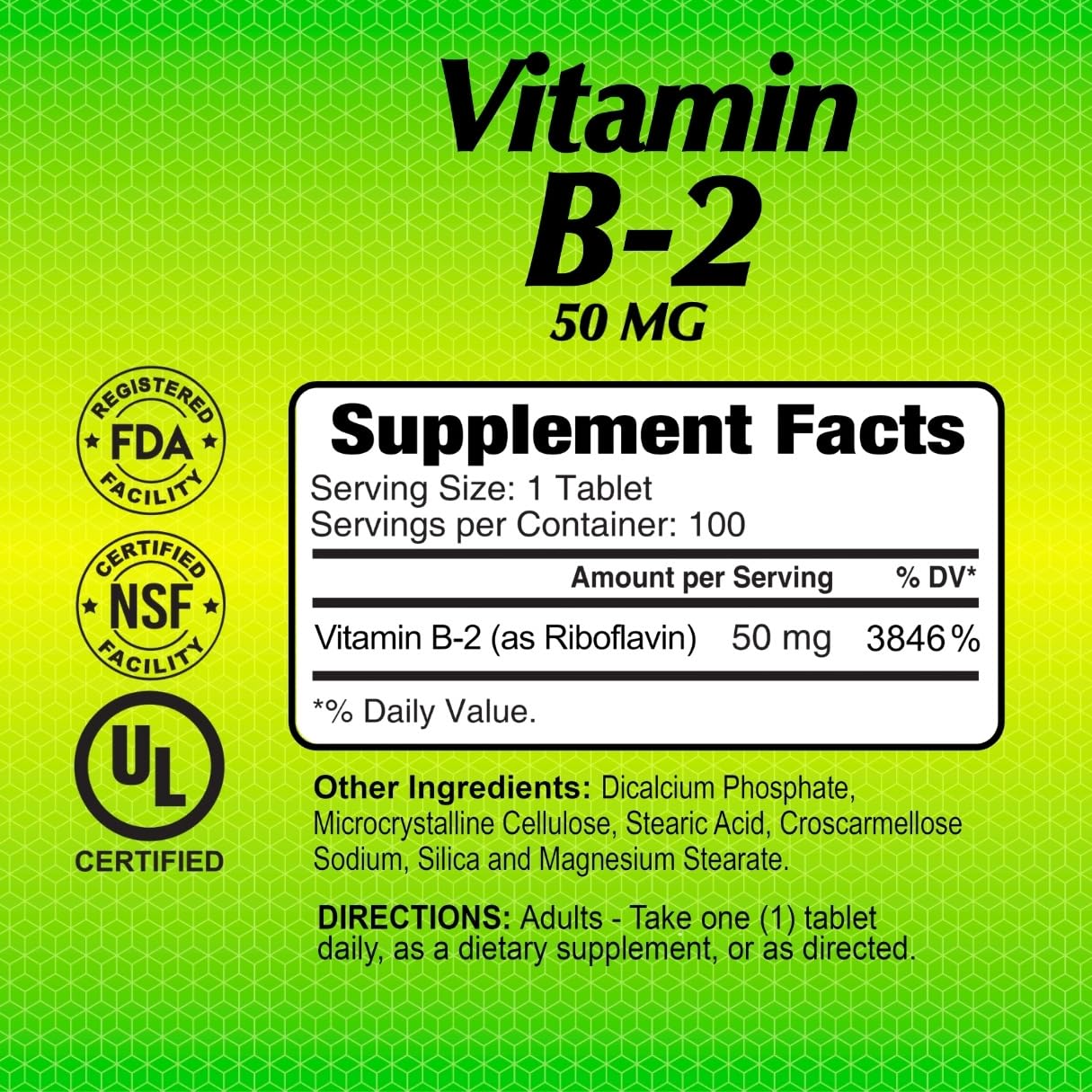 ALFA VITAMINS Vitamin B2 (Riboflavin) 50mg Tablet, 100 Count