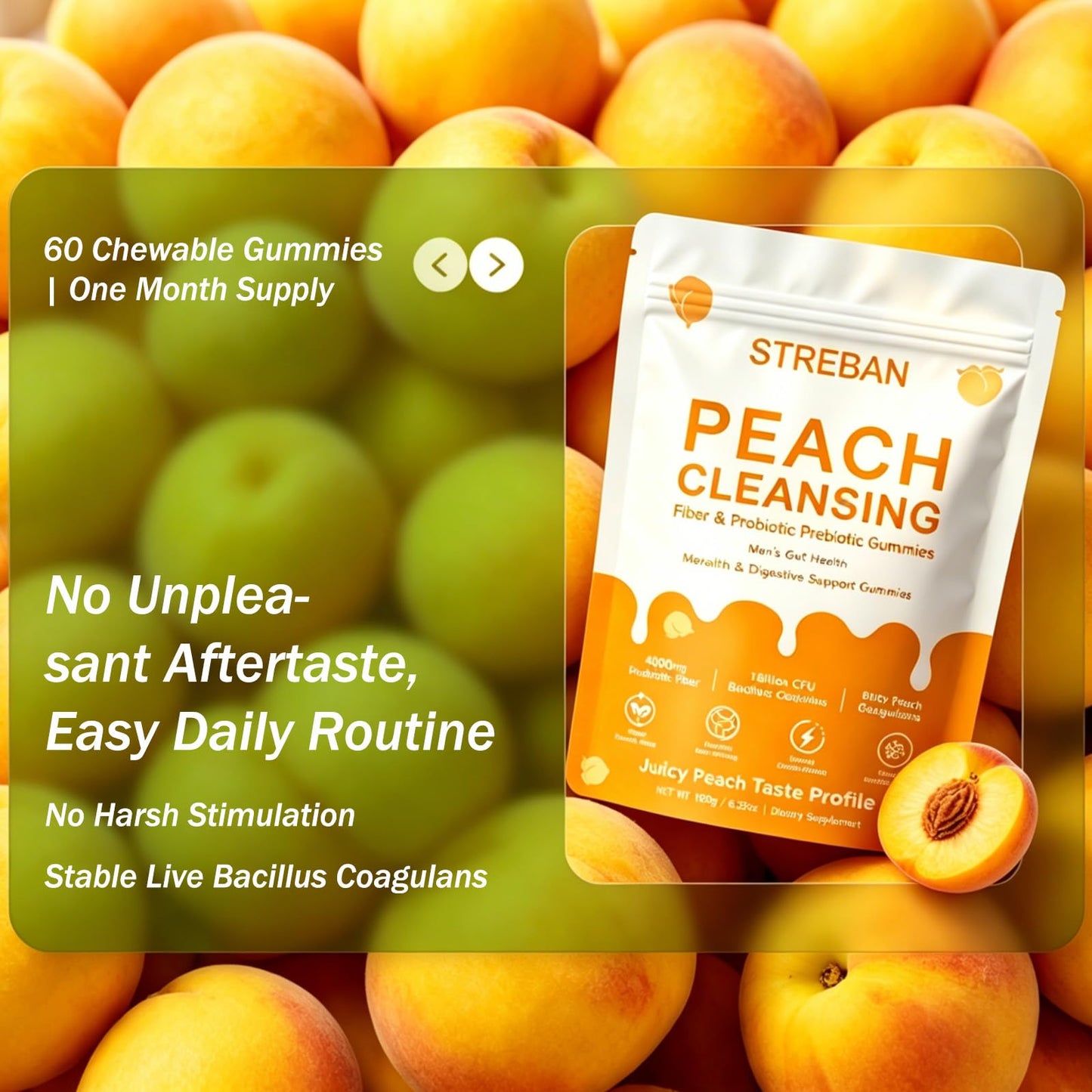 STREBAN Peach Pre+Probiotic Fiber Clean Gummies for Men, 60 Count