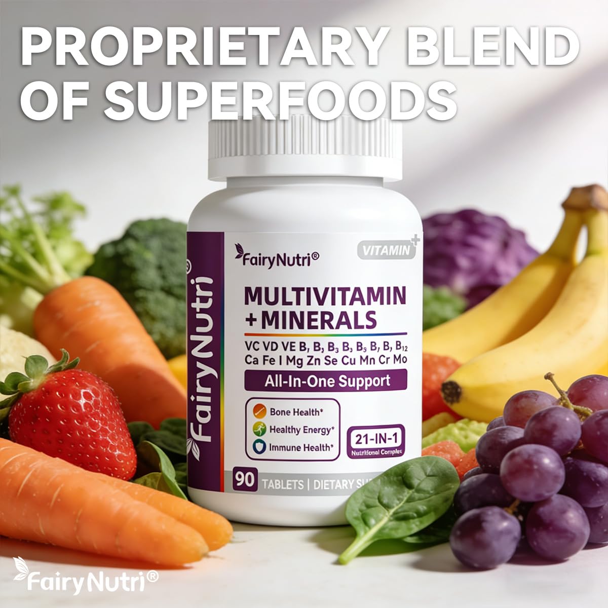 Fairynutri Multivitamin + Minerals, 21-in-1 Nutritional Complex All-in-One Support, 90 Tablets