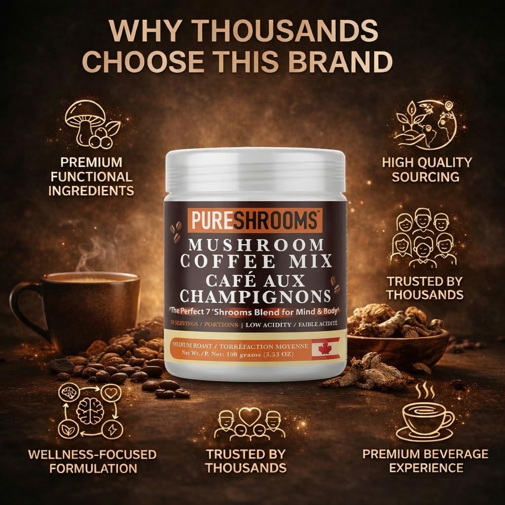 PureShrooms Perfect 7 Mushroom Coffee Powder, Instant Single Origin Arabica with Organic Lion’s Mane, Reishi & Cordyceps, 50 Servings